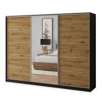 SCHWEBETÜRENSCHRANK NATA 270/205/58 cm 3-türig mit Spiegel und 4 Schubladen Schwarz - Schwarz/Eiche Artisan, Holzwerkstoff (270/205/58cm) - MASSENO