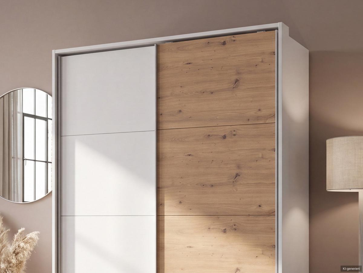 SCHWEBETÜRENSCHRANK 2-türig B138/H200/T65 cm, Passepartout-Kleiderschrank in Weiß, 1x Tür & Schubkästen in Eiche Artisan Dekor / 22669 - Eichefarben/Alufarben, Holz/Holzwerkstoff (138/200/65cm) - luma-home