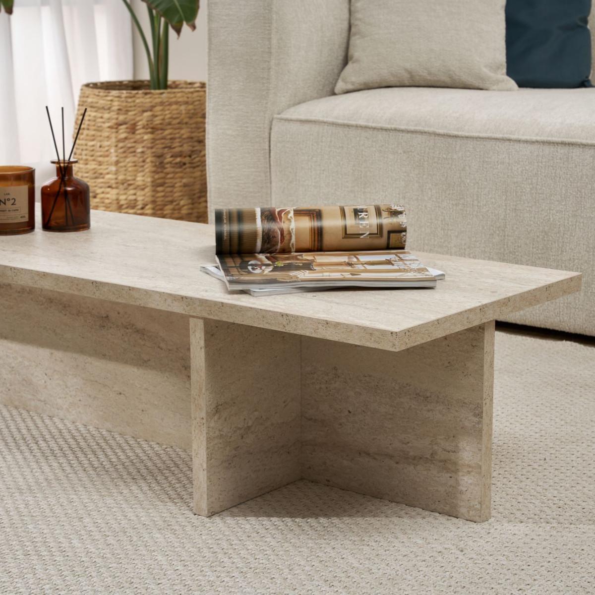 COUCHTISCH mit rechteckiger Platte und asymmetrischem Fuß L120 cm - HARBOR - Beige, Holzwerkstoff (50/45/30cm) - Calicosy