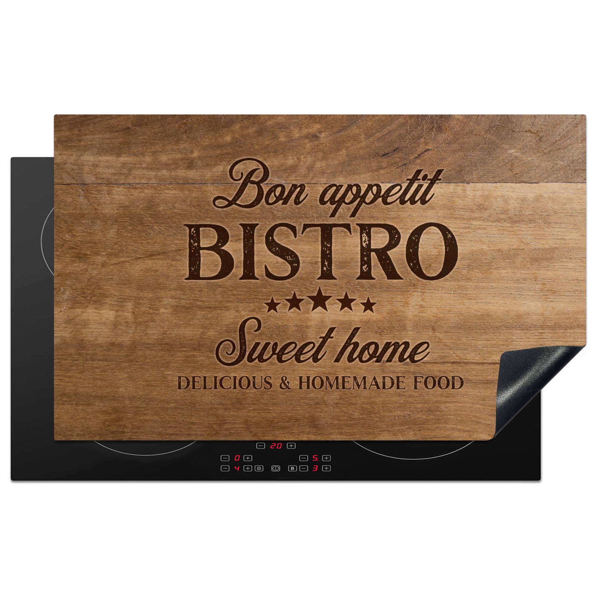HERDABDECKPLATTE Zitat - Bistro - Guten Appetit - Süßes Zuhause - Holzmaserung Induktionsmatte 83x51 cm - Braun, Kunststoff (83/51.5/0.2cm) - MuchoWow