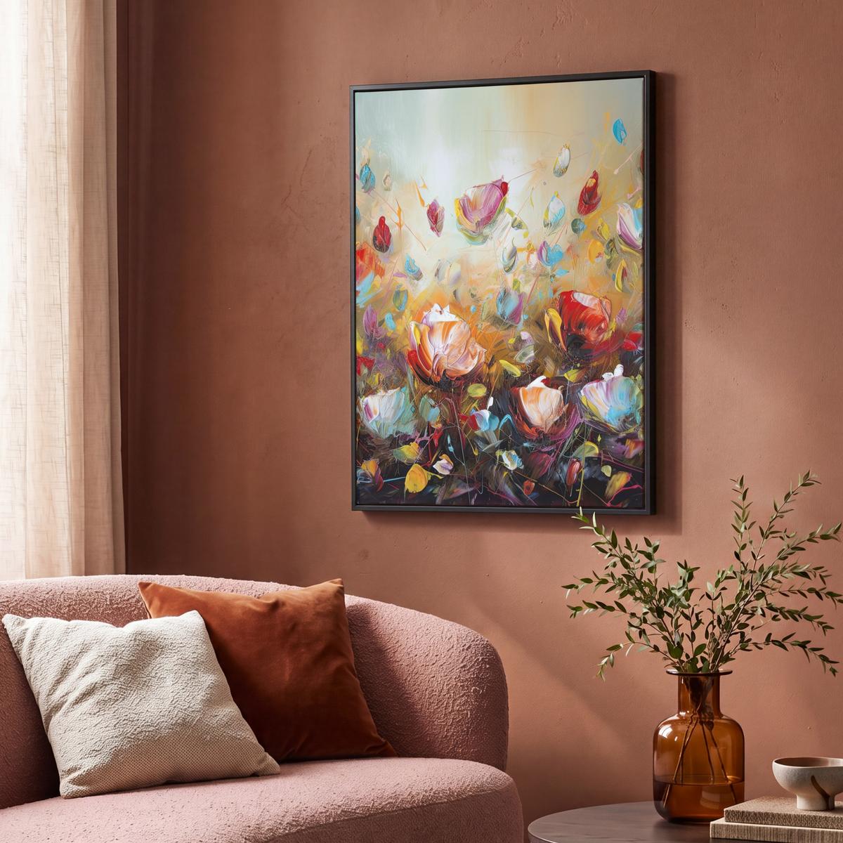 LEINWAND Bilder mit Rahmen - Blumen - Kunst - Natur - Ölgemälde - 70x100 - Multicolor, Textil (70/100cm) - MuchoWow