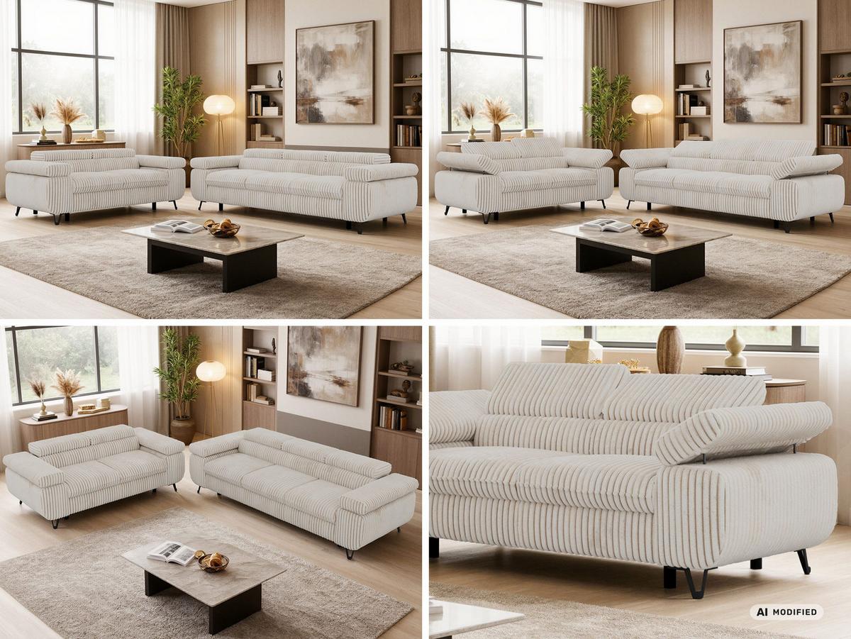 SITZGARNITUR PETER 2+3 - Beige Cord - Beige/Creme, Textil/Metall (262/76/99cm) - MKS