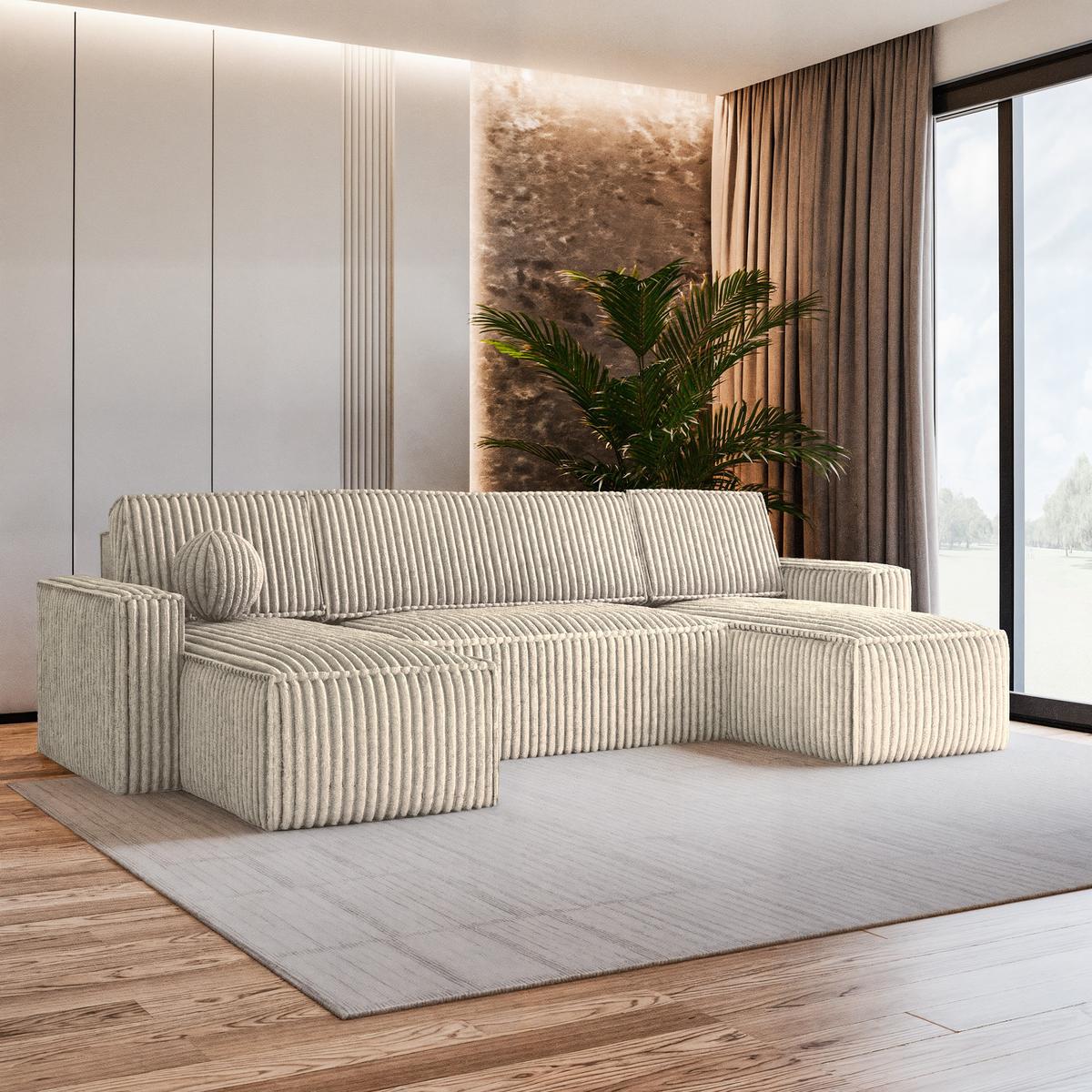 WOHNLANDSCHAFT PESANO T Creme Kordstoff mit Schlaffunktion - Creme/Grau, Holz/Kunststoff (306/85/140cm) - MASSENO
