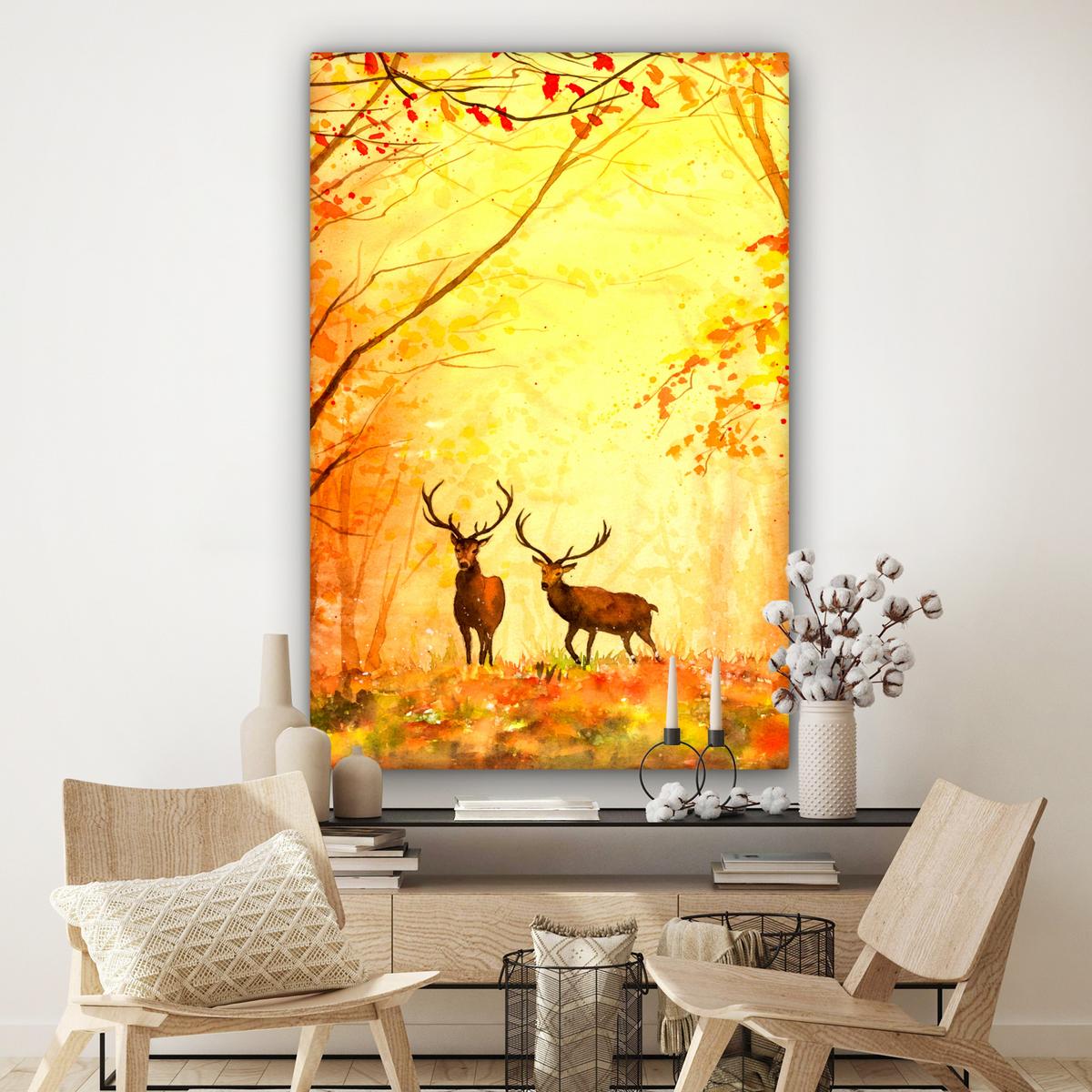 LEINWANDBILD Natur - Ölfarbe - Hirsche - Tiere - Herbst - Orange Deko Groß 90x140 cm - Orange, Textil (90/140cm) - MuchoWow