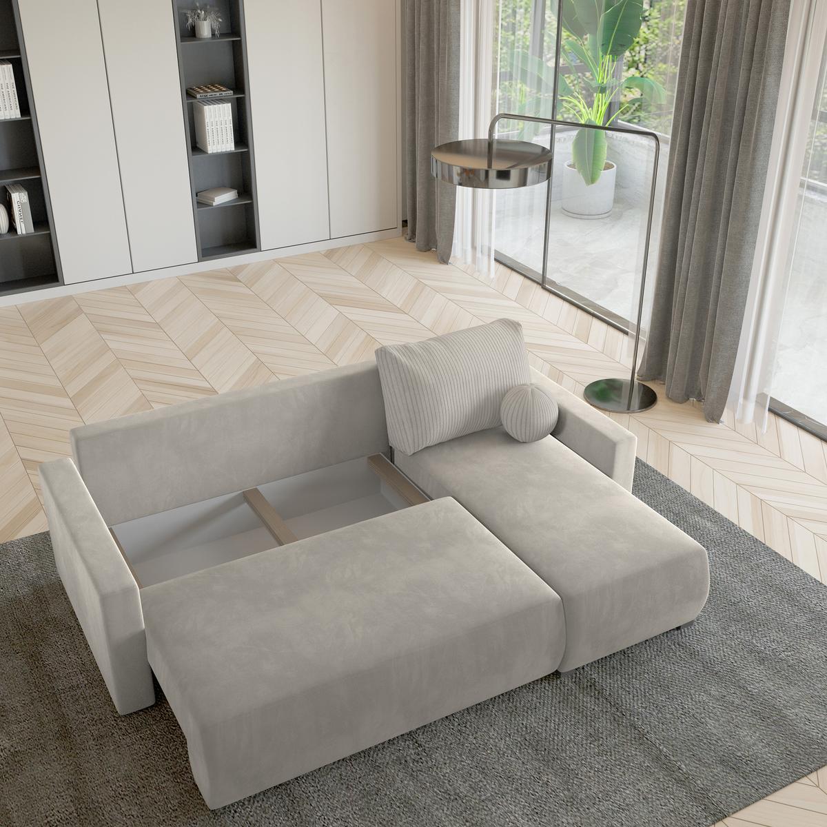ECKSOFA SORGE Creme Plüsch-Stoff mit Schlaffunktion - Creme, Holz (220/143cm) - MASSENO
