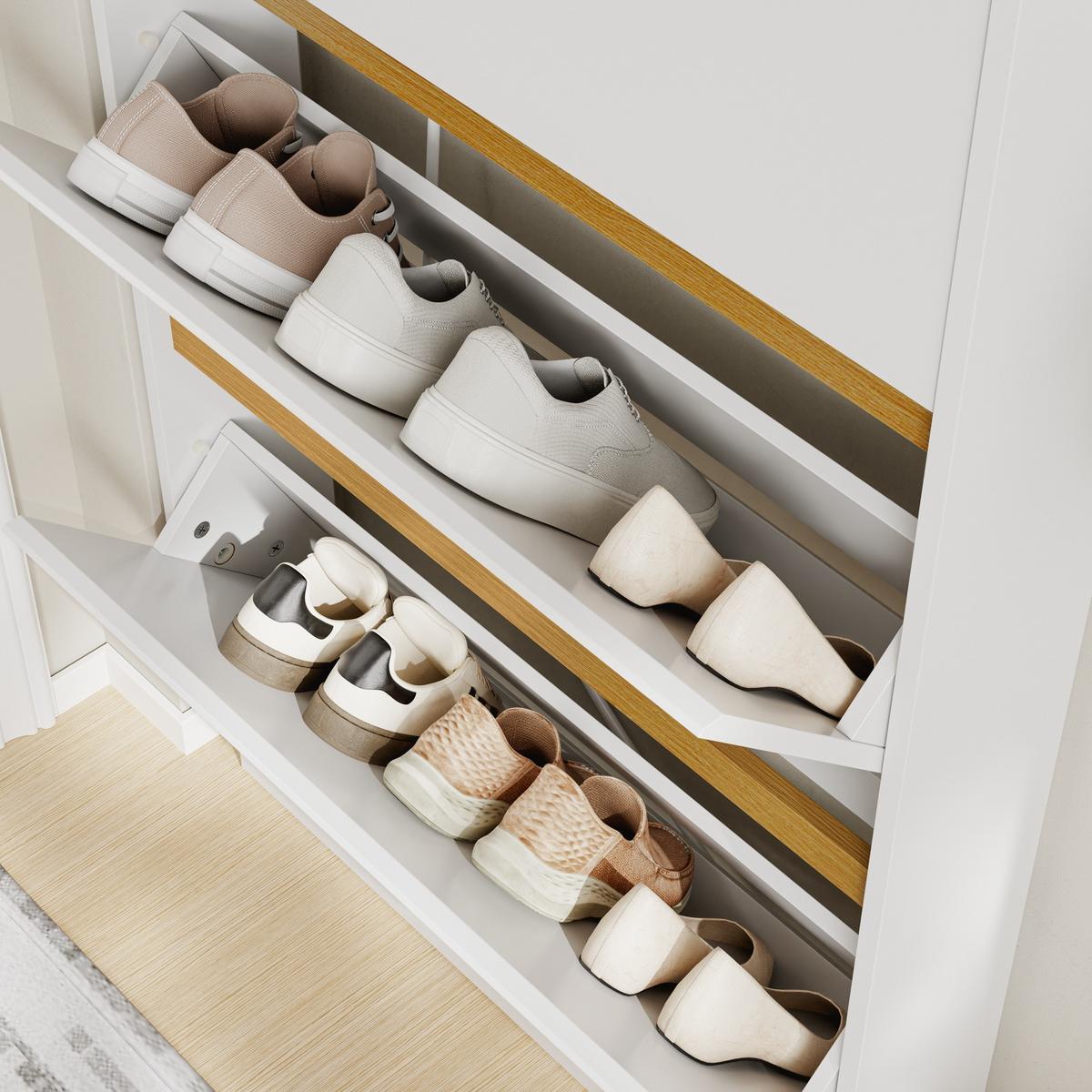 SCHUHSCHRANK mit Steckdose und USB-Ladefunktion FSR228-E-WN - Ahornfarben/Weiß, Holzwerkstoff/Fell (15/126/72cm) - SoBuy