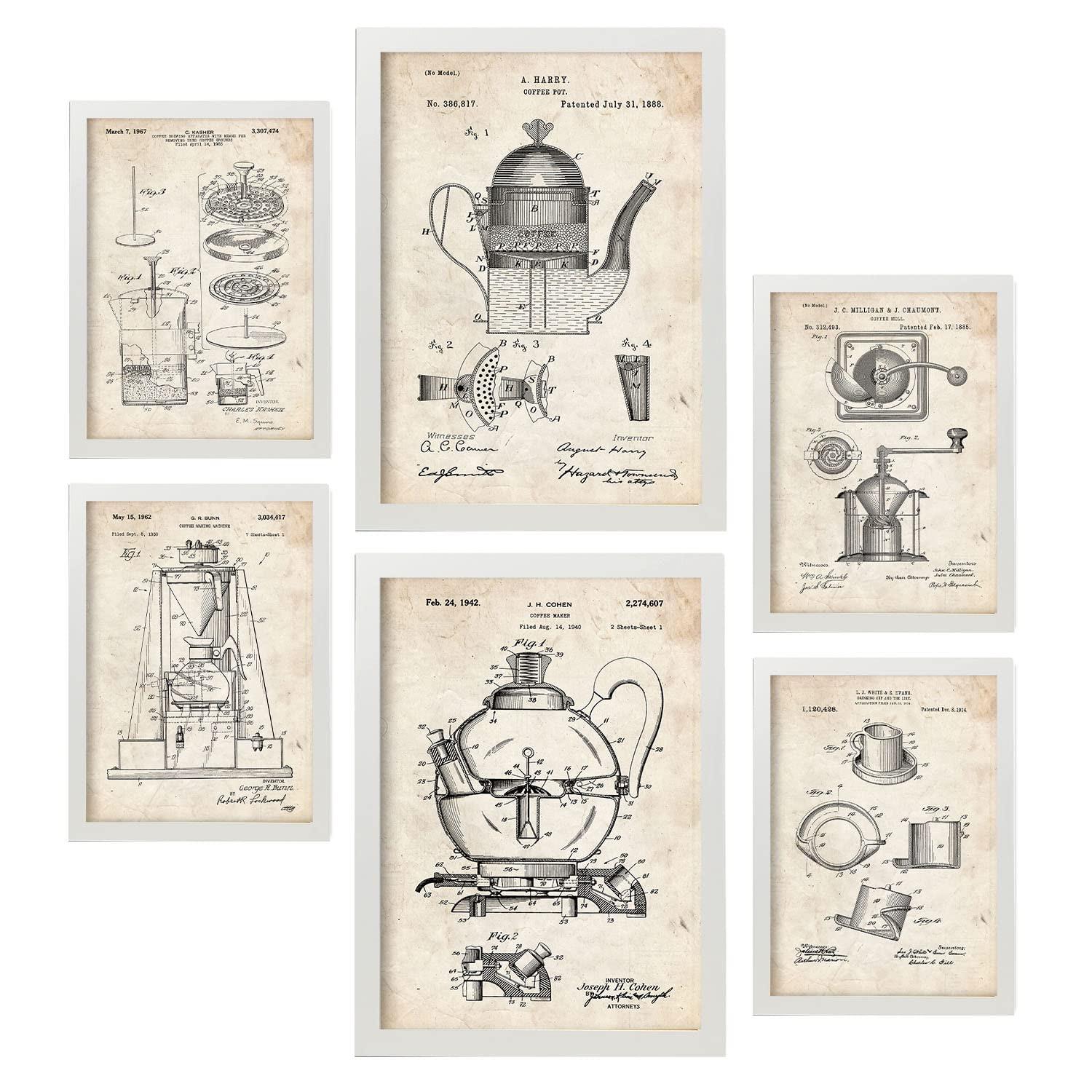 POSTER Set Mit 6 Plakaten Mit Kaffeemaschine Patenten Im Vintage Stil A3 & A4 Weißer Rahmen - Weiß, Papier (29/3cm) - Nacnic