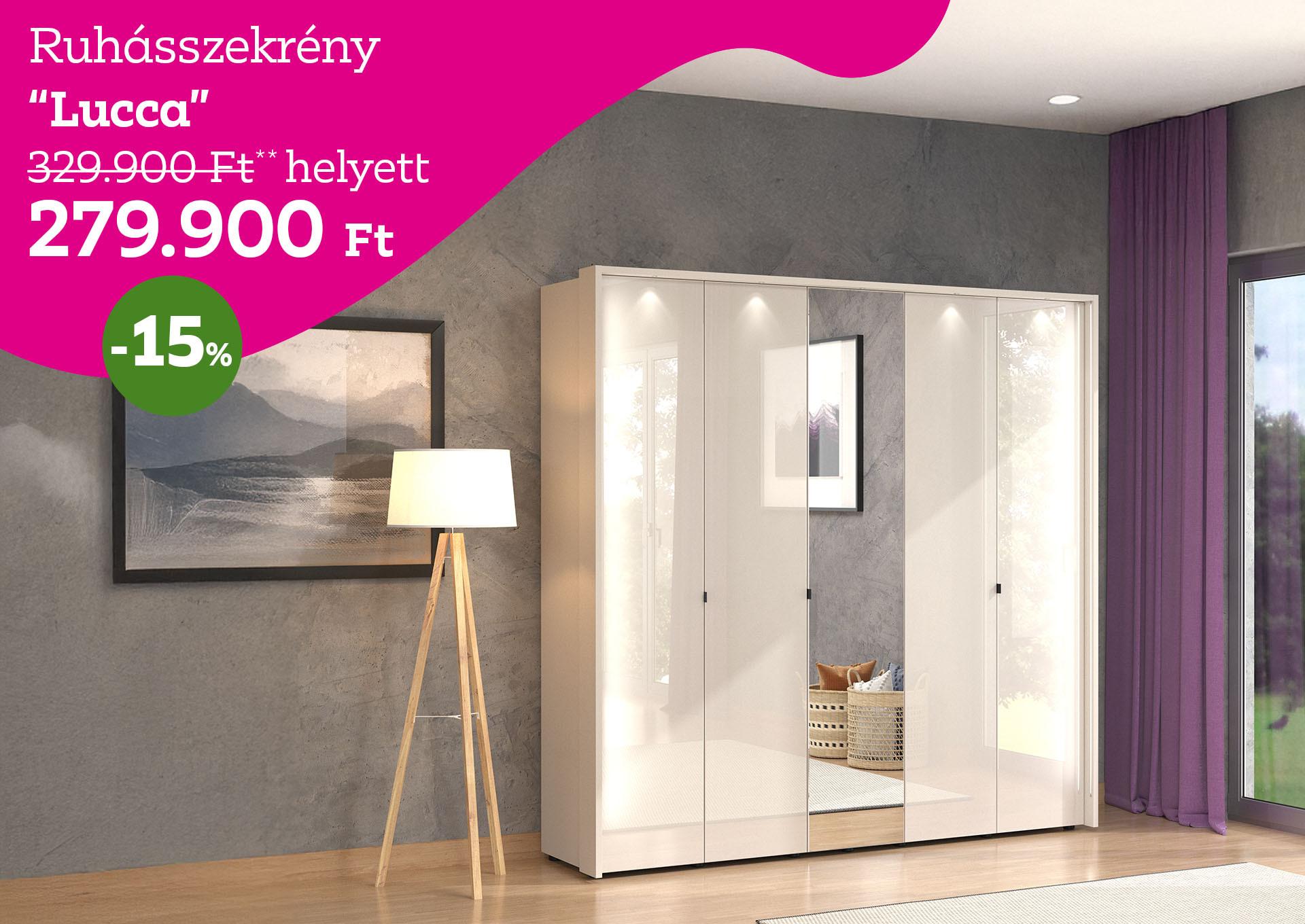 Ruhásszekrény LUCCA 329900 Forint helyett 279900 Forint, kedvezmény mértéke 15%