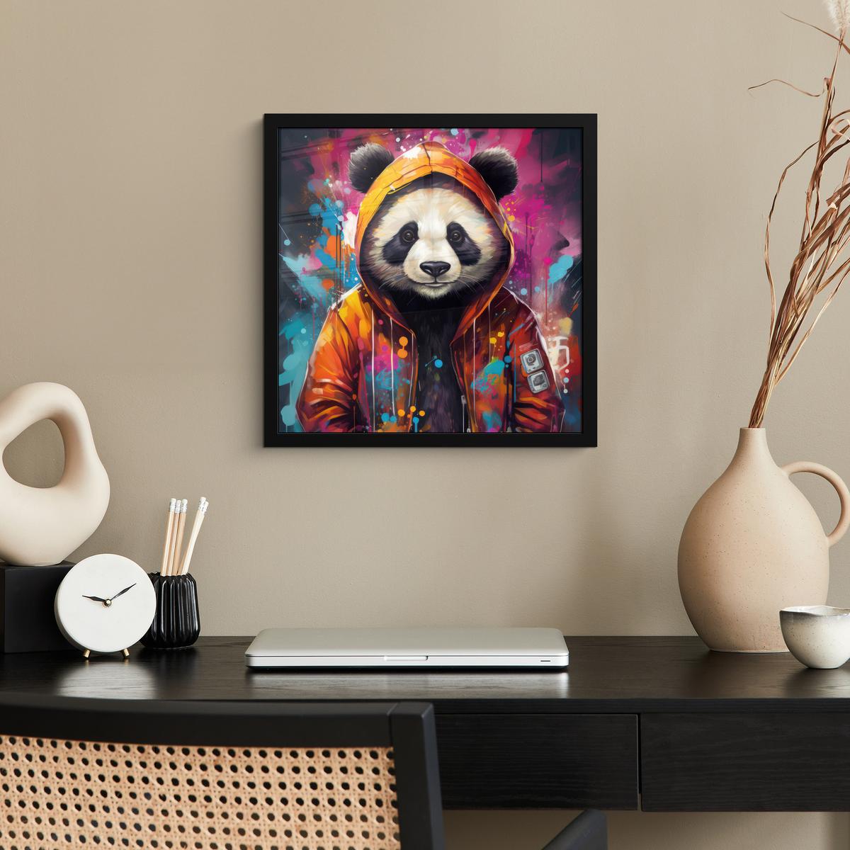 POSTER MIT RAHMENGERAHMTES BILD Panda - Jacke - Graffiti - Orange 40x40 cm - Orange, Papier (40/40cm) - MuchoWow