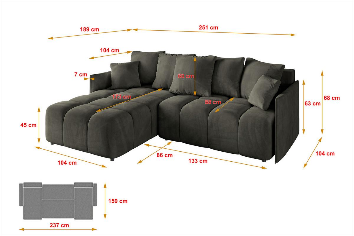ECKSOFA Ottomane links LONLI-L 251x189x68 Schwarz Velours - Schwarz, Holzwerkstoff/Kunststoff (251/189cm) - ALTDECOR