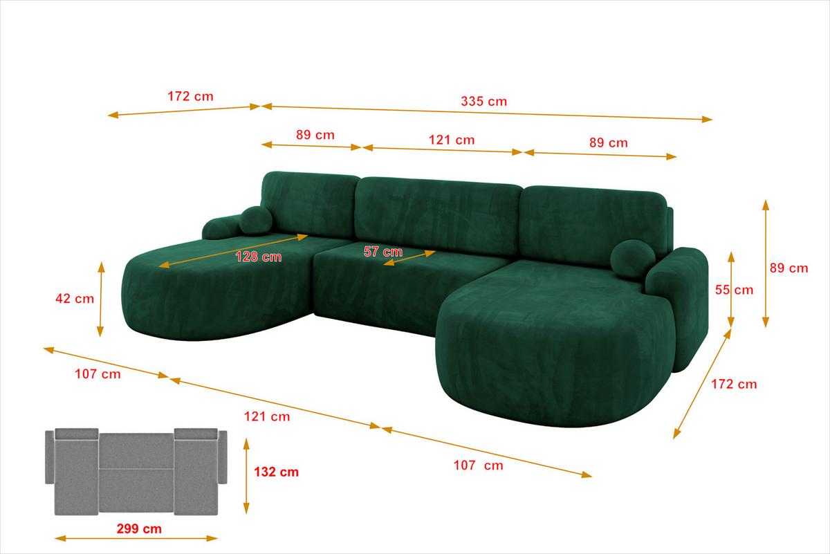 WOHNLANDSCHAFT mit Schlaffunktion und Bettkasten LIRA-U - 335x172x89 Grün - Grün, Holzwerkstoff/Textil (335/89/172cm) - ALTDECOR