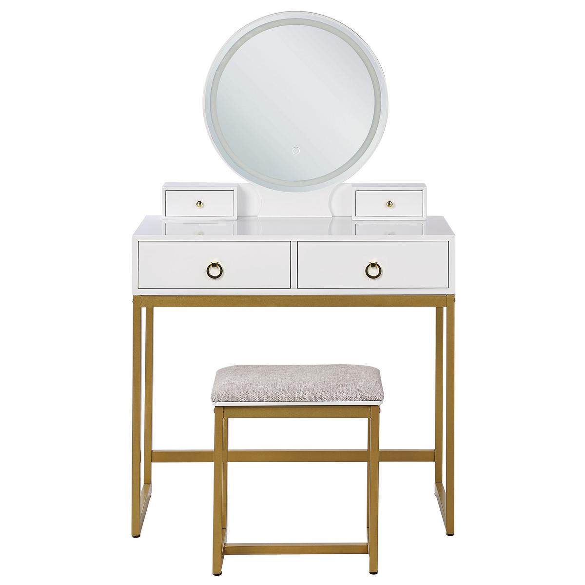 SCHMINKTISCH mit rundem LED-Spiegel Hocker 4 Schubladen weiß/gold Auxon - Beige/Goldfarben, Holzwerkstoff (80/132/40cm) - Beliani