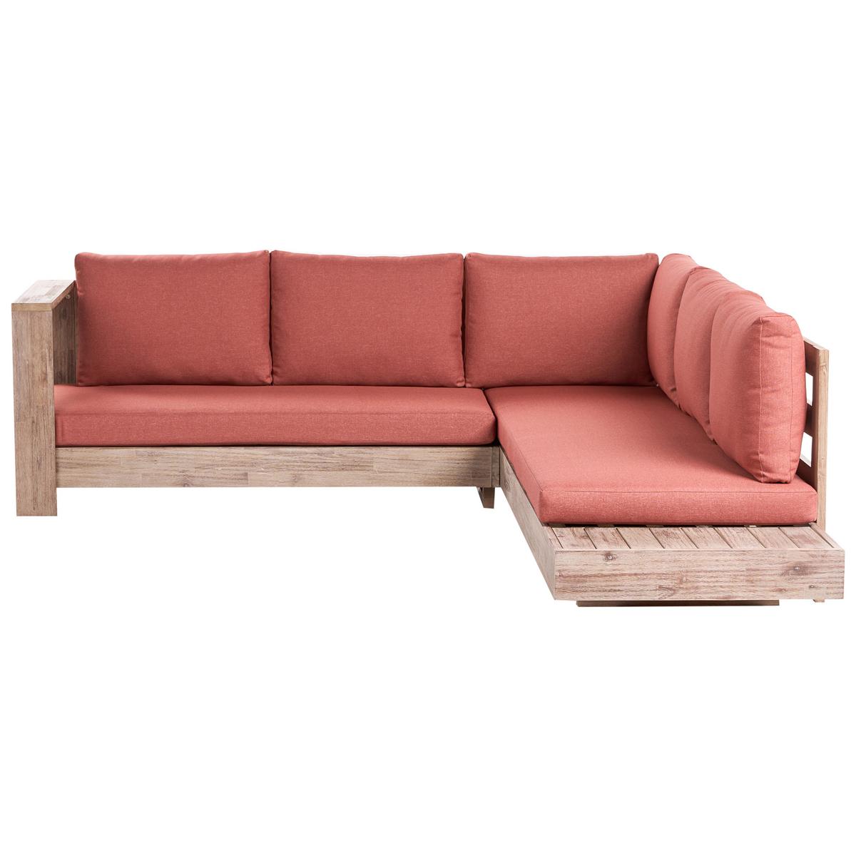 GARTENECKSOFA 5-Sitzer zertifiziertes Akazienholz rechtsseitig Rot Marettimo - Hellbraun/Rot, Holz (225/64/212cm) - Beliani