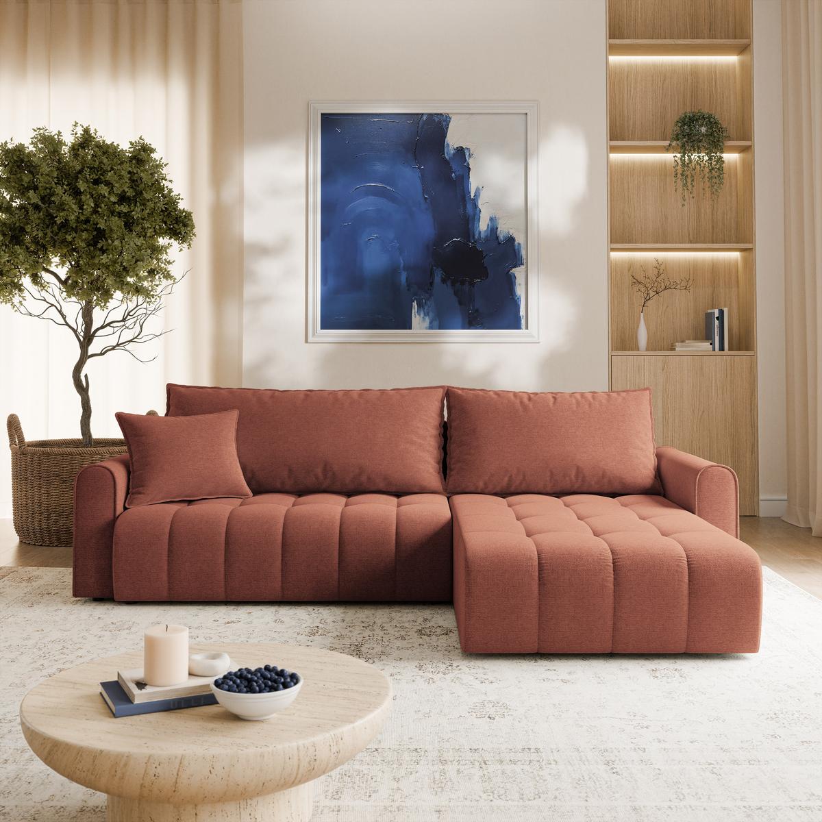 ECKSOFA FRIGA Orange Strukturstoff mit Schlaffunktion - Terracotta, Holz (283/185cm) - MASSENO