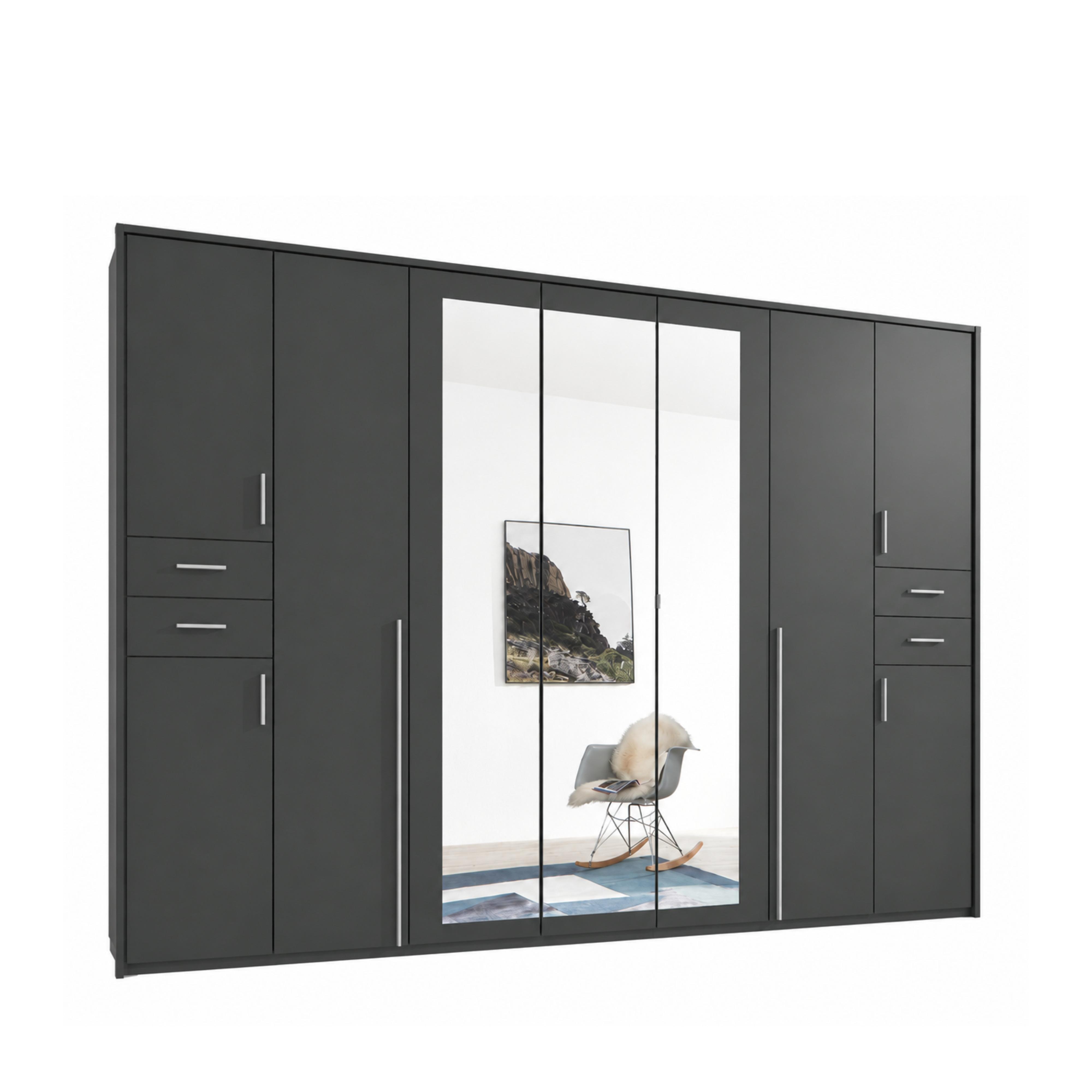 DREHTÜRENSCHRANK B313/H210/T58 cm in Grafit, Kleiderschrank mit Passepartout & 3 Spiegeltüren & Schubkästen, Griffe alufarbig / 22583 - Silberfarben/Graphitfarben, Holzwerkstoff/Kunststoff (313/210/58cm) - luma-home