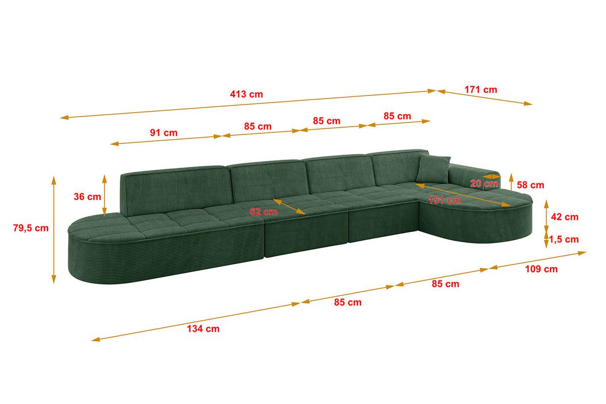 ECKSOFA Ottomane Rechts TARO-L3 - 413x171x79,5 cm Grün - Grün, Holzwerkstoff/Textil (413/171cm) - ALTDECOR