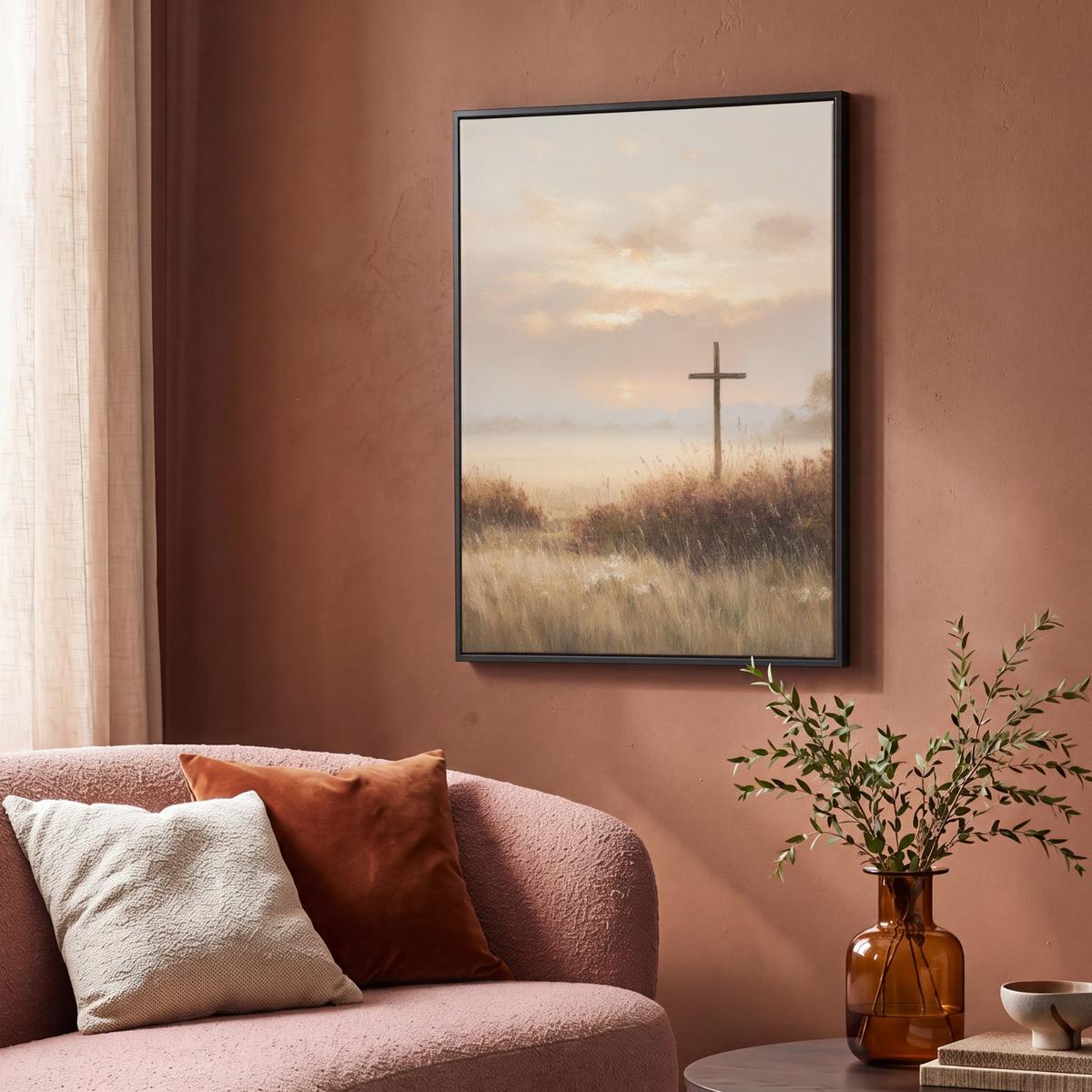 LEINWAND Bilder mit Rahmen - Gras - Morgennebel - Kreuz - Christentum - 70x100 - Beige, Textil (70/100cm) - MuchoWow