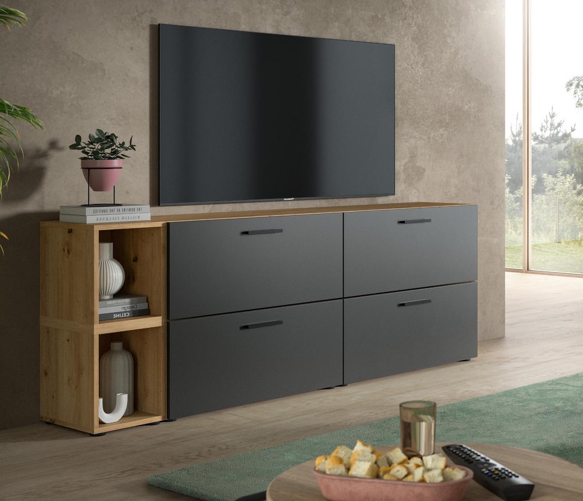 TV-LOWBOARD grau, Eiche Artisan 176 cm, Fernsehtisch hängend / stehend - Schwarz/Eiche Artisan, Holzwerkstoff/Kunststoff (176/67/34cm) - Inn.Furn