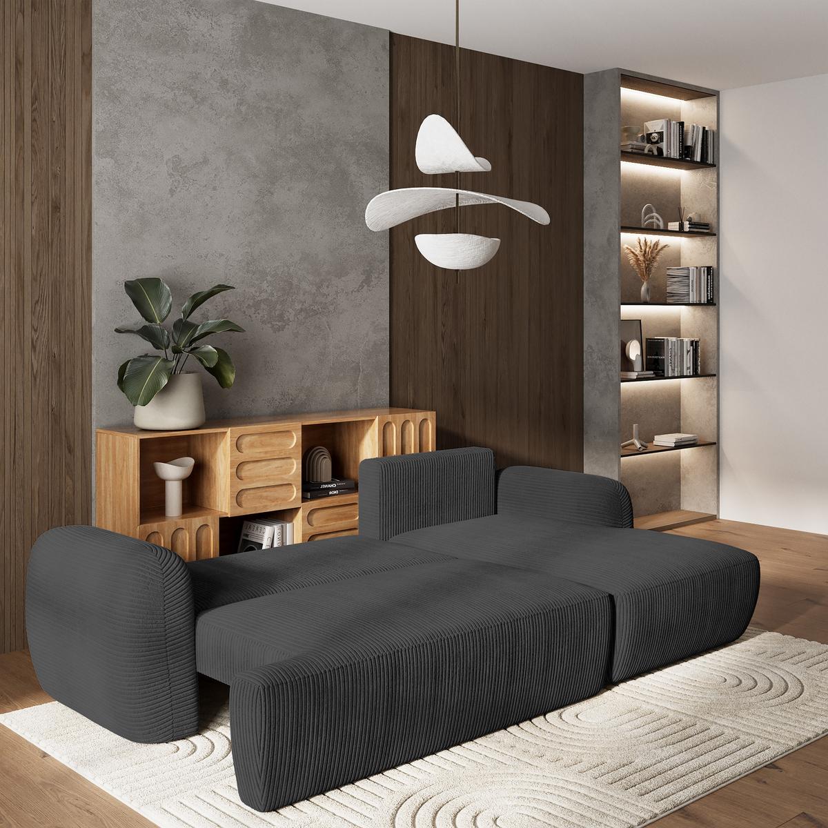 ECKSOFA MODENZA P R-S Graphitfarben Kordstoff mit Schlaffunktion - Graphitfarben/Schwarz, Holz/Kunststoff (266/148cm) - MASSENO