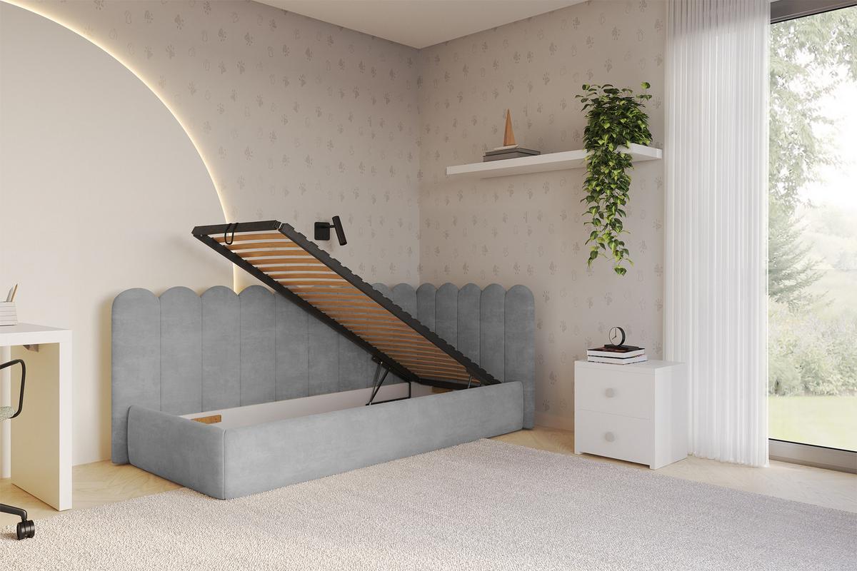 EINZELLBETT Jugendbett mit Bettkasten und Matratze H3/H4, Links - ARTY 100x200 Grau - Hellgrau, Holzwerkstoff/Textil (100/200cm) - ALTDECOR