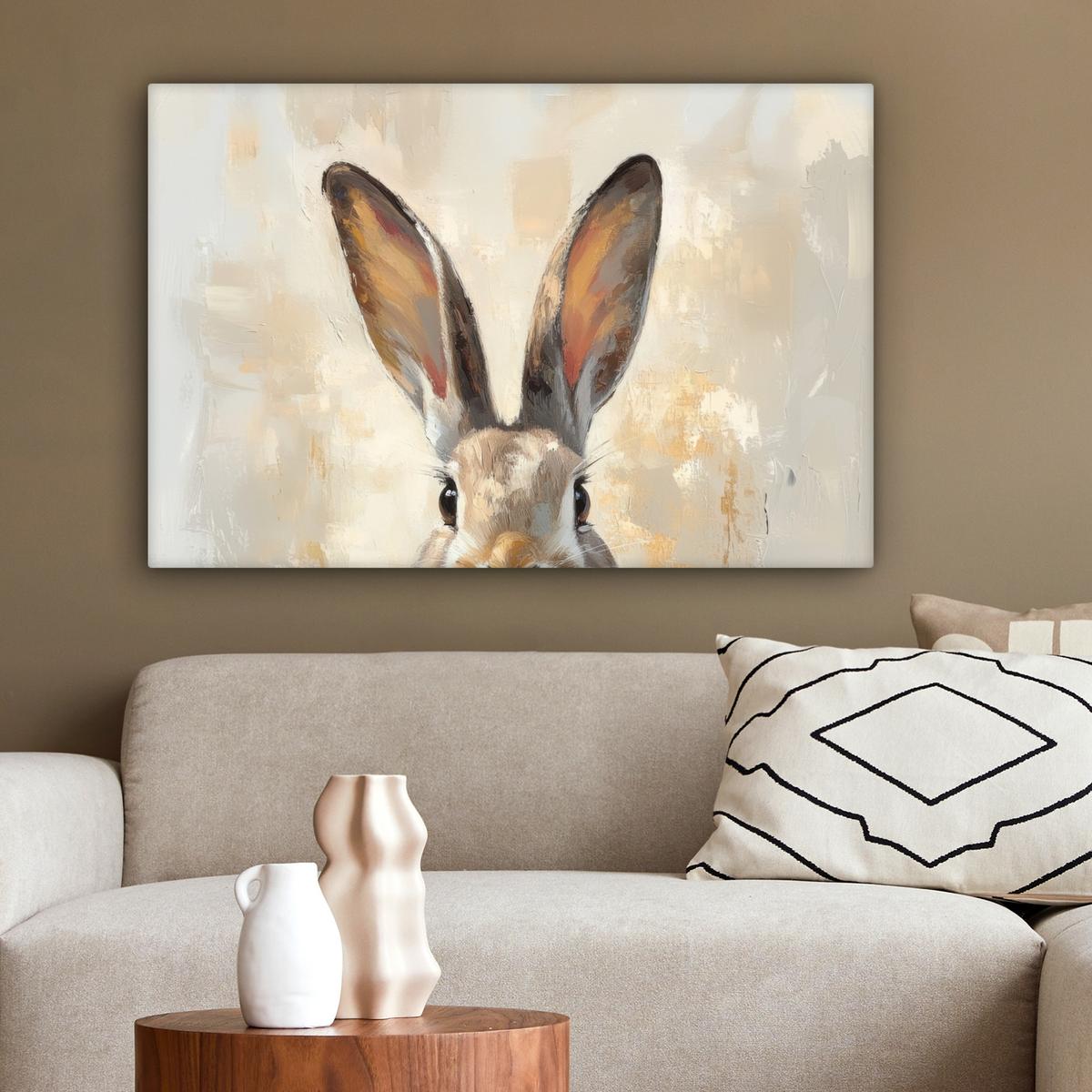 LEINWANDBILD Hase - Ohren - Braun Gemälde 60x40 cm - Beige, Textil (60/40cm) - MuchoWow