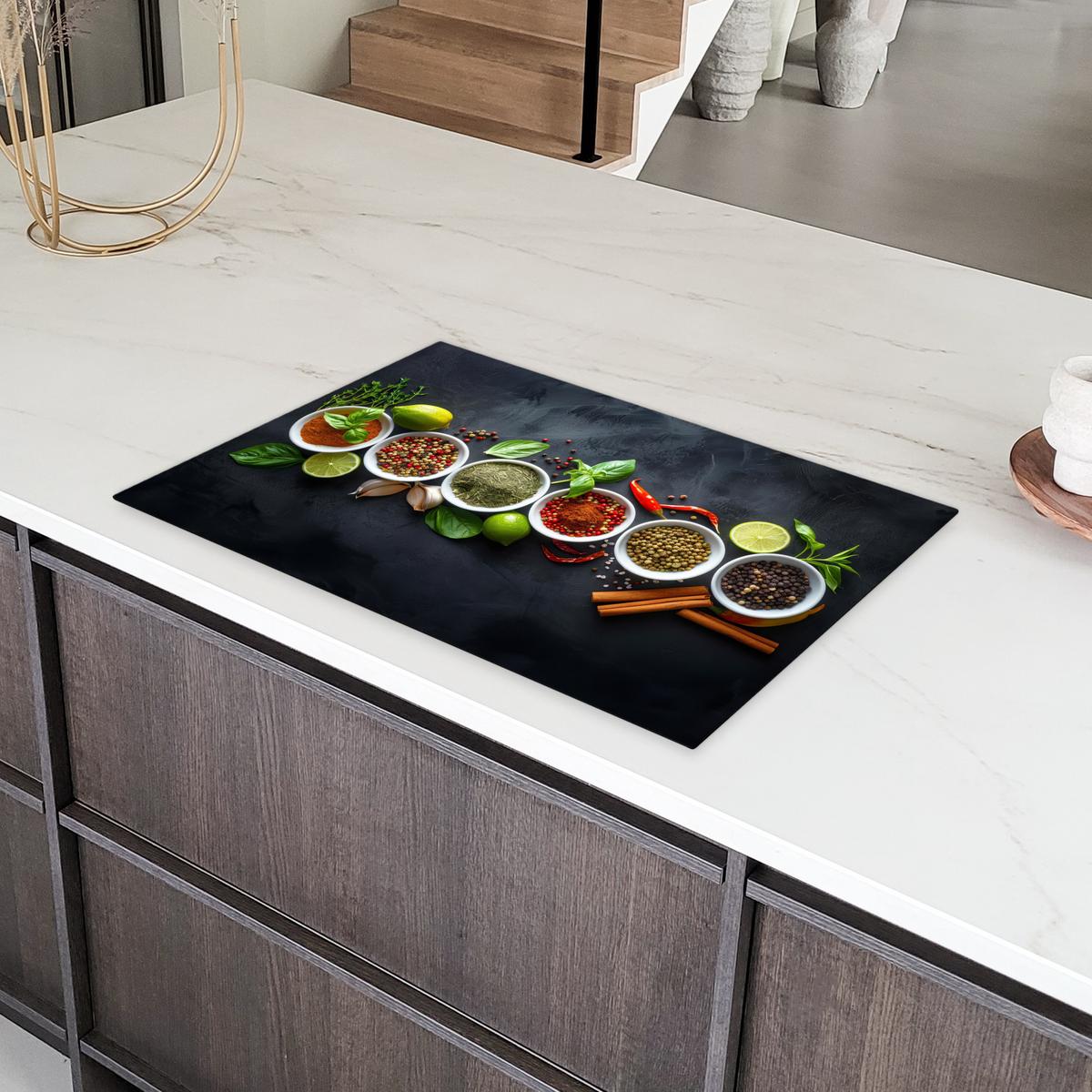 HERDABDECKPLATTE Kräuter - Gewürze - Konkrete Optik - Stilleben Ceranfeldabdeckung 80x52 cm - Multicolor, Kunststoff (80/52/0.2cm) - MuchoWow