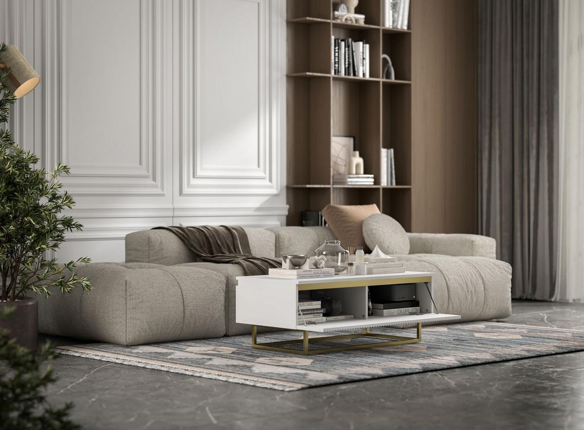 COUCHTISCH Selene Weiß matt 109 cm mit Metallrahmen - Goldfarben/Weiß, Holzwerkstoff/Metall (50/109/39cm) - Meble Lindner