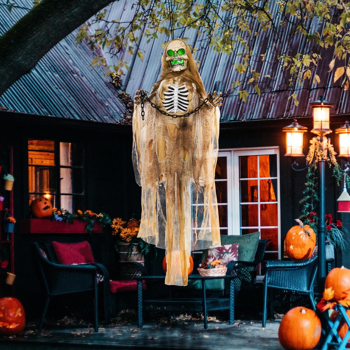 183CM Halloween Dekoration Hängendes Skelett mit LED-Lichter, Soundfunktion - Hellbraun, Kunststoff (18/183/70cm) - HOMCOM