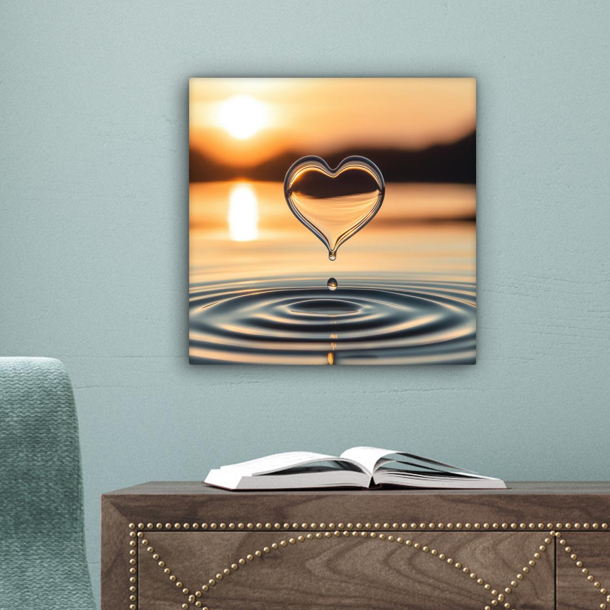 LEINWANDBILD Herz - Wasser - Sonnenuntergang - Natur - Zen Deko Wohnzimmer 20x20 cm - Bernsteinfarben, Textil (20/20cm) - MuchoWow