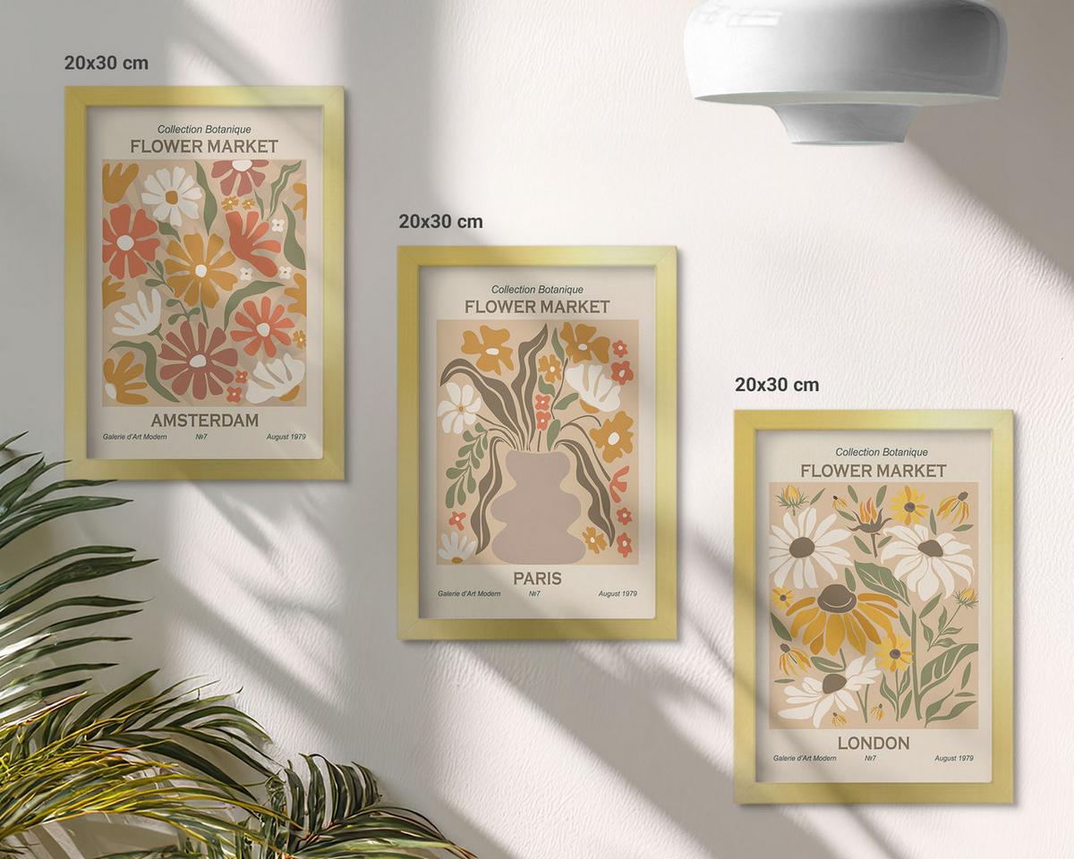 BILDER SET 3er Set - 20x30 cm Goldrahmen - Blumenmuster Amsterdam Paris London - Goldfarben, Kunststoff (20/30cm) - TULUP