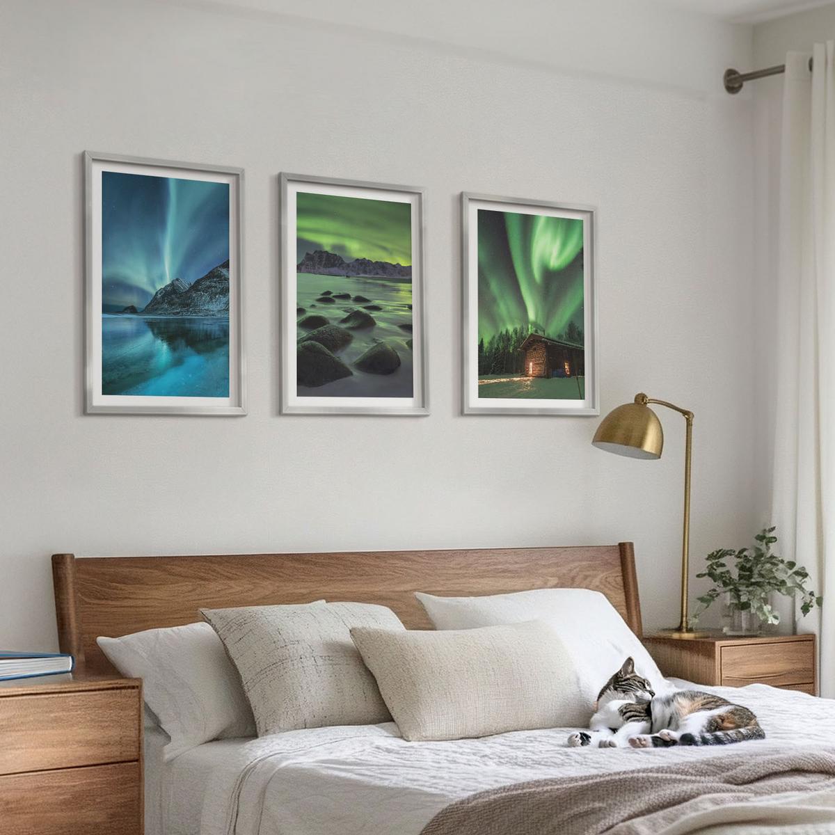 BILDER SET 3er Set - 40x60 cm Silberner Rahmen - Winterlandschaften, Nordlichter, Berge - Silberfarben, Kunststoff (40/60cm) - TULUP