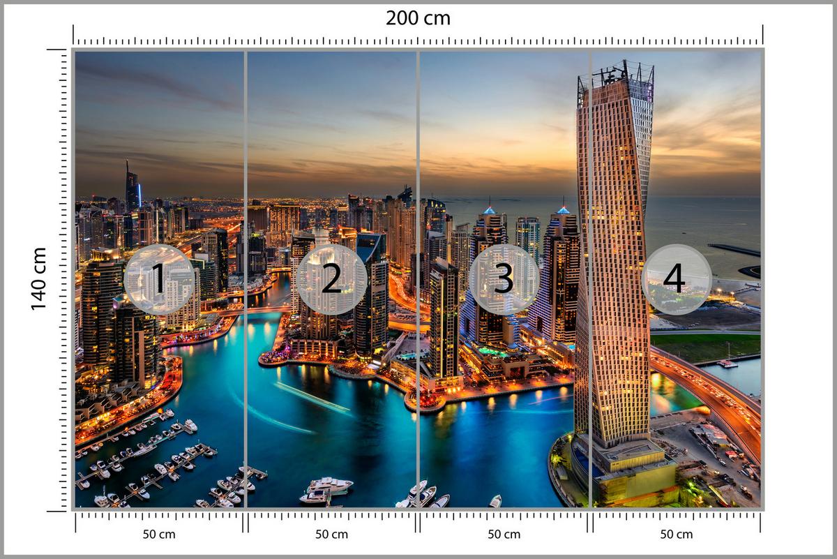 FOTOTAPETE für Büro Hochhäuser Dubai Marina Hafen Lichter Modern 200x140 - Türkis/Gelb, Papier (200/140cm) - Muralo
