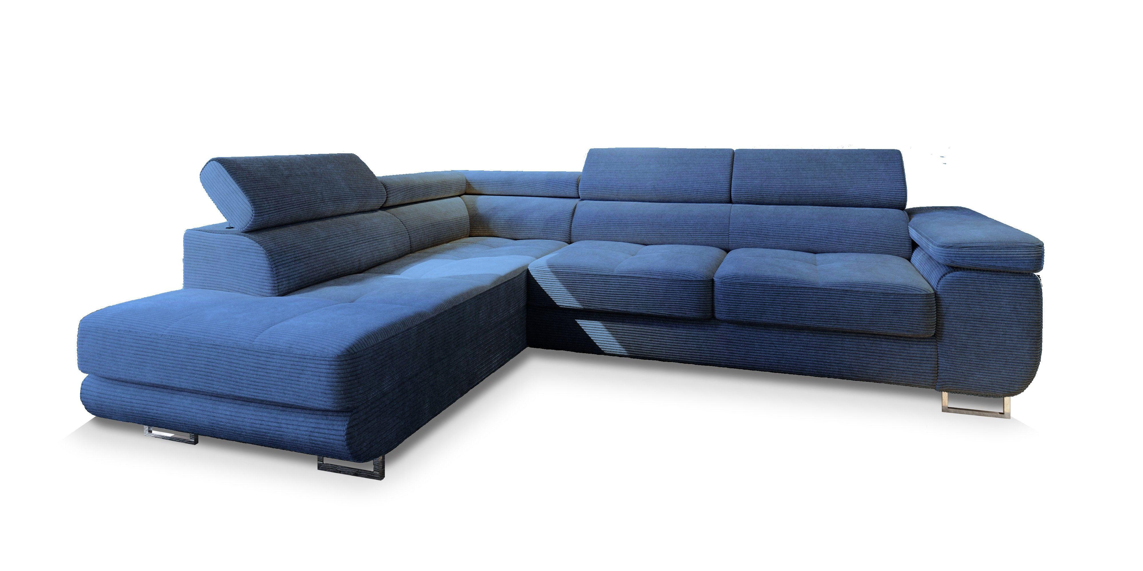 ECKSOFA APIRO L-S Blau Kordstoff mit Schlaffunktion - Blau/Silberfarben, Holz/Textil (276/202cm) - MASSENO