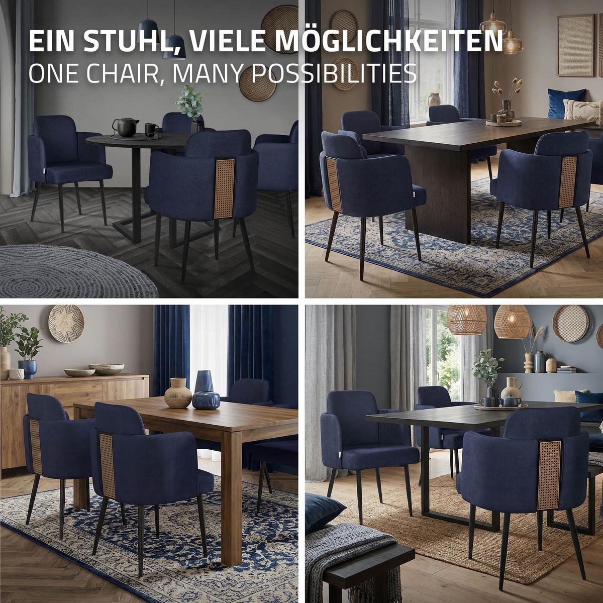 ESSZIMMERSTÜHLE 2er Set Dunkelblau mit Stoffbezug Rattan Optik - Schwarz/Dunkelblau, Textil/Metall (59/86/59cm) - ML-DESIGN