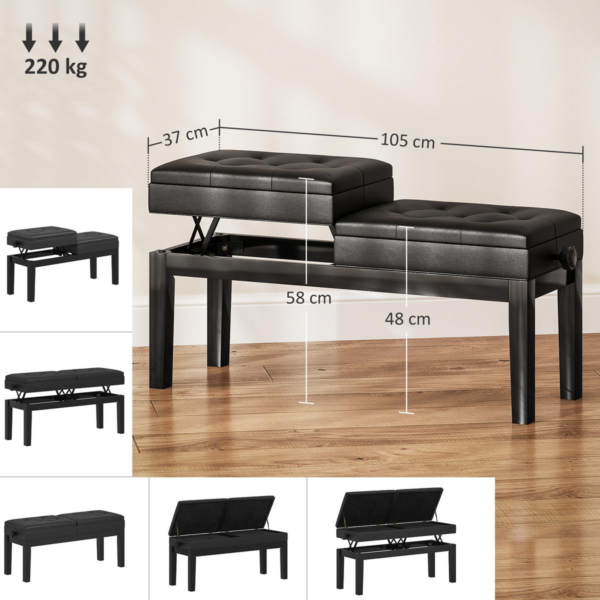 KLAVIERBANK mit Stauraum Pianobank Kunstleder, Schwarz - Schwarz, Kunststoff (37/58/105cm) - HOMCOM