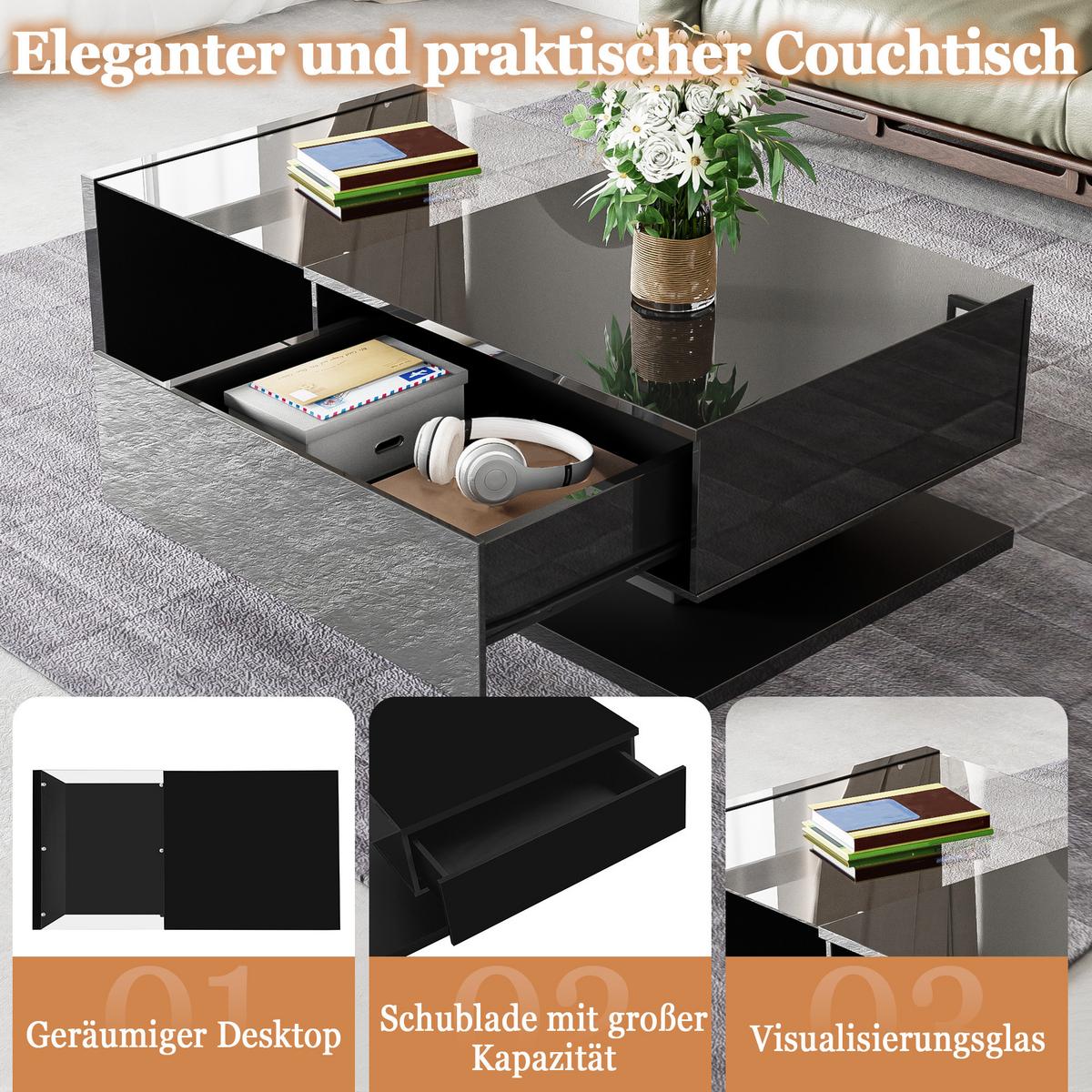 COUCHTISCH Hochglanz Schwarz mit Glas, LED-Beleuchtung & Stauraum - Schwarz, Holzwerkstoff (55/105/32.5cm) - Urban Meuble