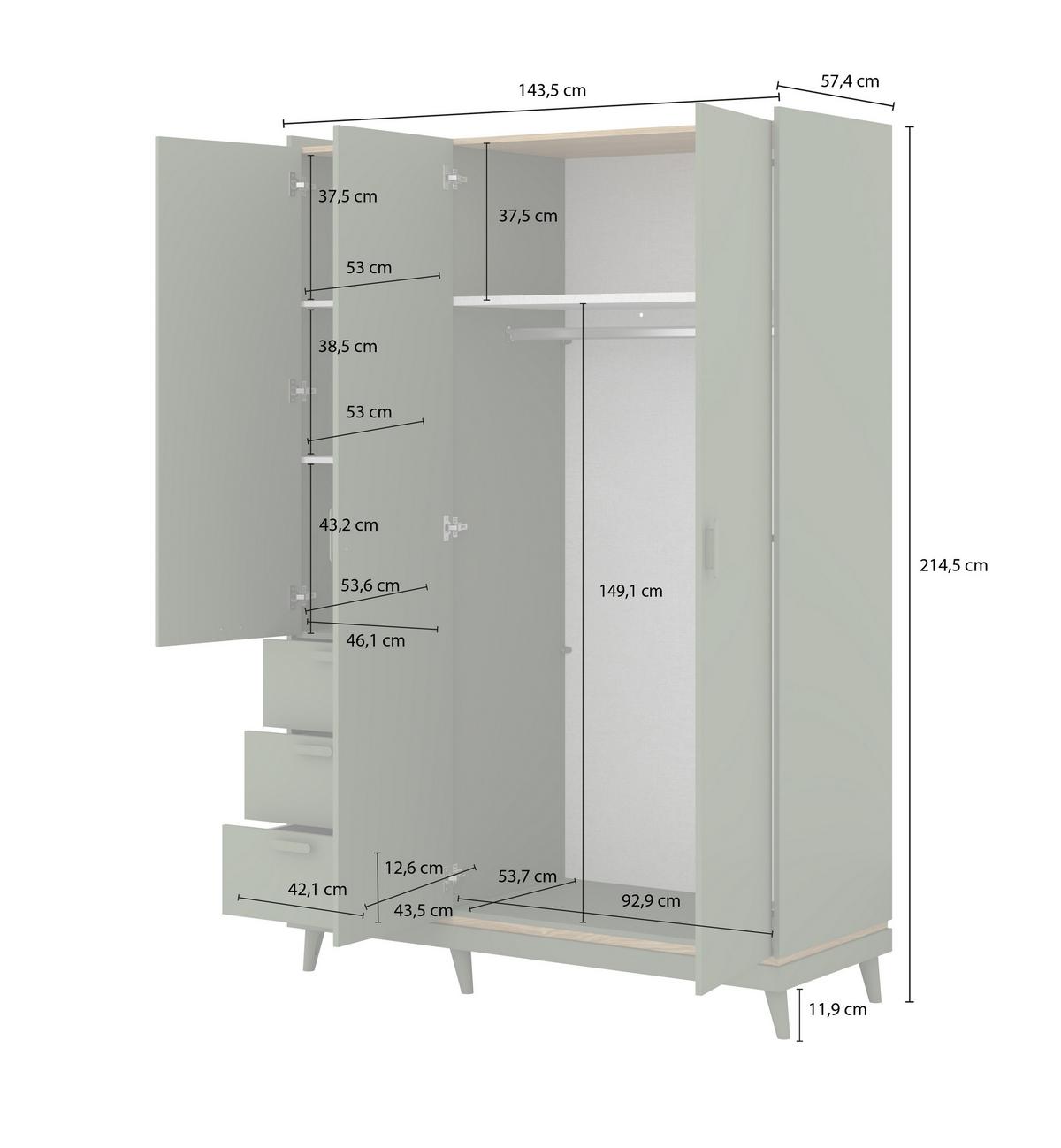 DREHTÜRENSCHRANK ACARA 143.5/214.5/57,4 cm 3-türig Eichefarben - Eichefarben, Holzwerkstoff (143.5/214.5/57.4cm) - MASSENO