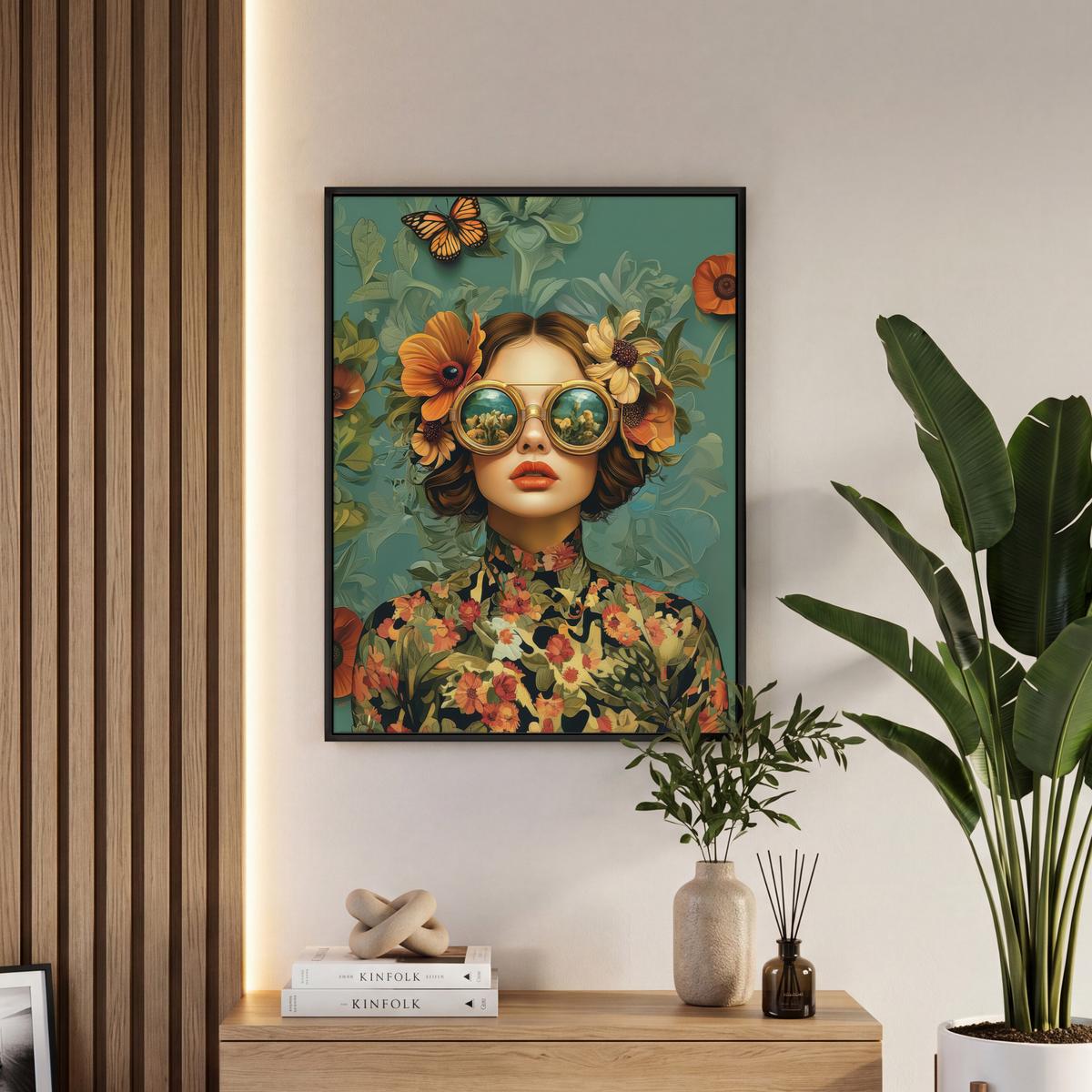 LEINWAND Bilder mit Rahmen - Frau - Blumen - Schmetterlinge - Natur - Vintage - 50x70 - Salbeigrün, Textil (50/70cm) - MuchoWow