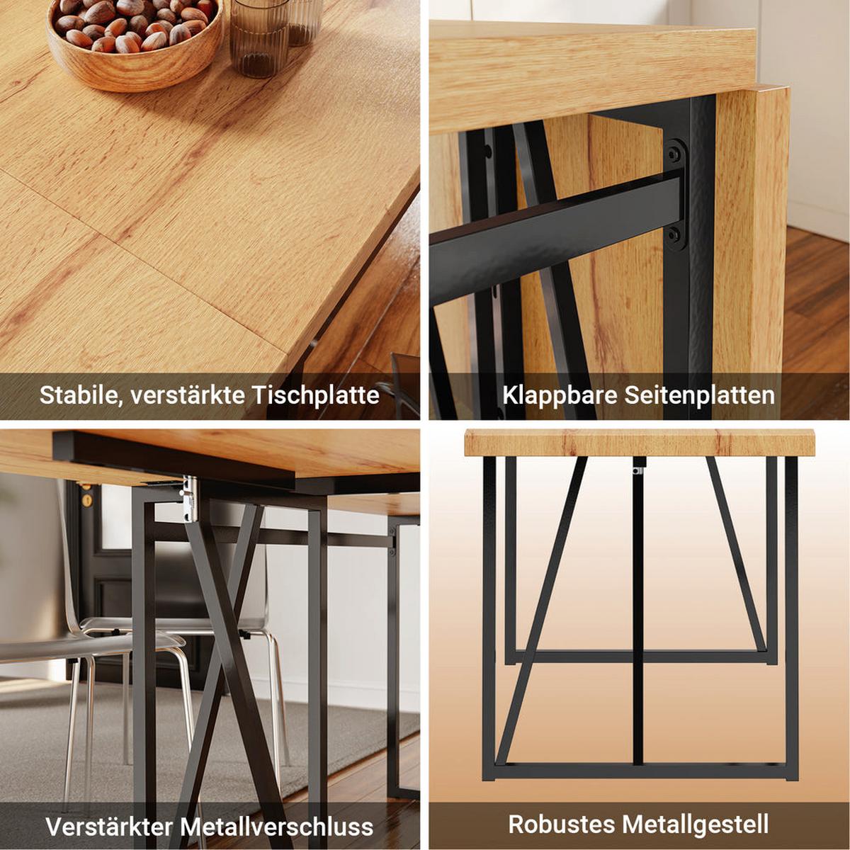 ESSTISCH klappbar für 2-8 Personen, 65x(110-200) x76cm - Naturfarben, Holz/Metall (65/200/76cm) - SoBuy