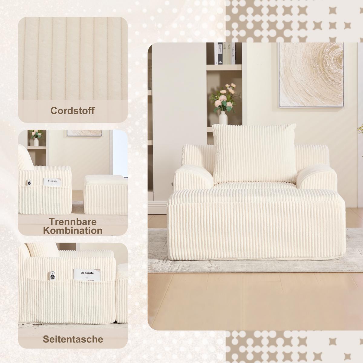 SESSEL mit Hocker in Cord Übergroßer Relaxsessel - Beige, Textil (110/67/147cm) - Urban Meuble