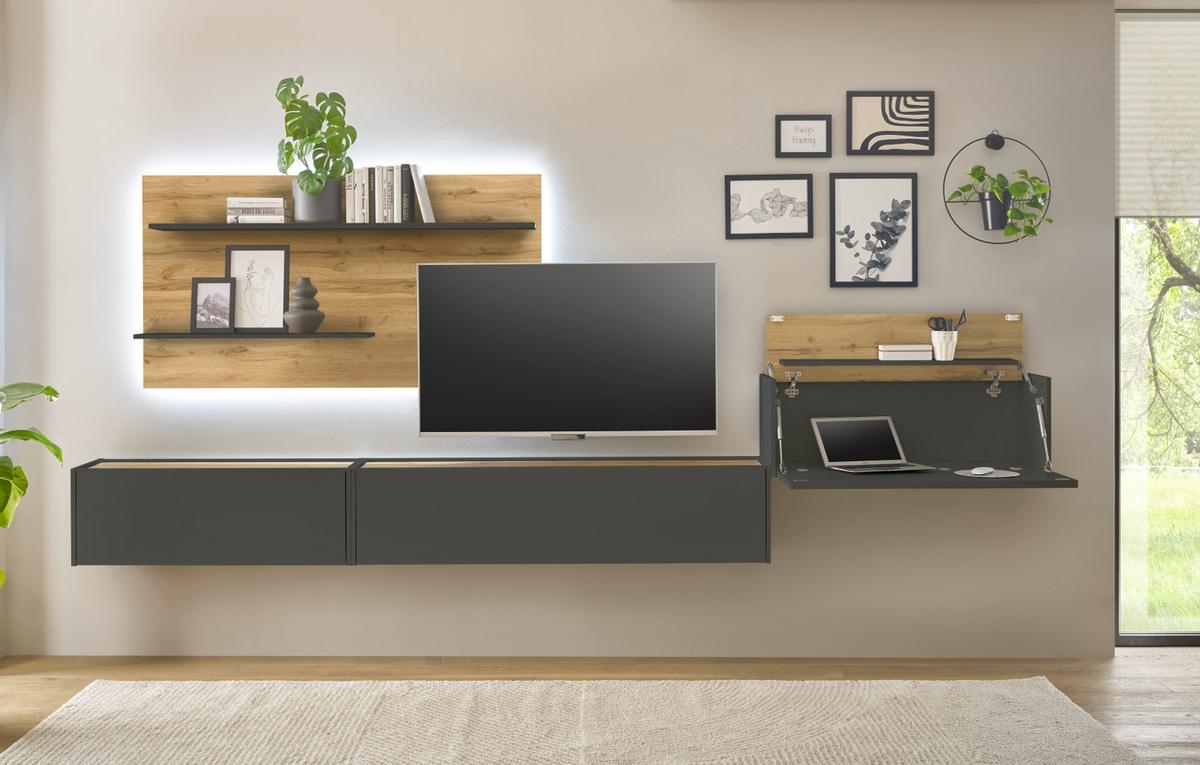 WOHNWAND grau matt, Eiche Wotan 350 cm, Schrankwand mit Sekretär - Eiche Wotan/Grau, Holzwerkstoff/Metall (350/180/30cm) - Furn.Design