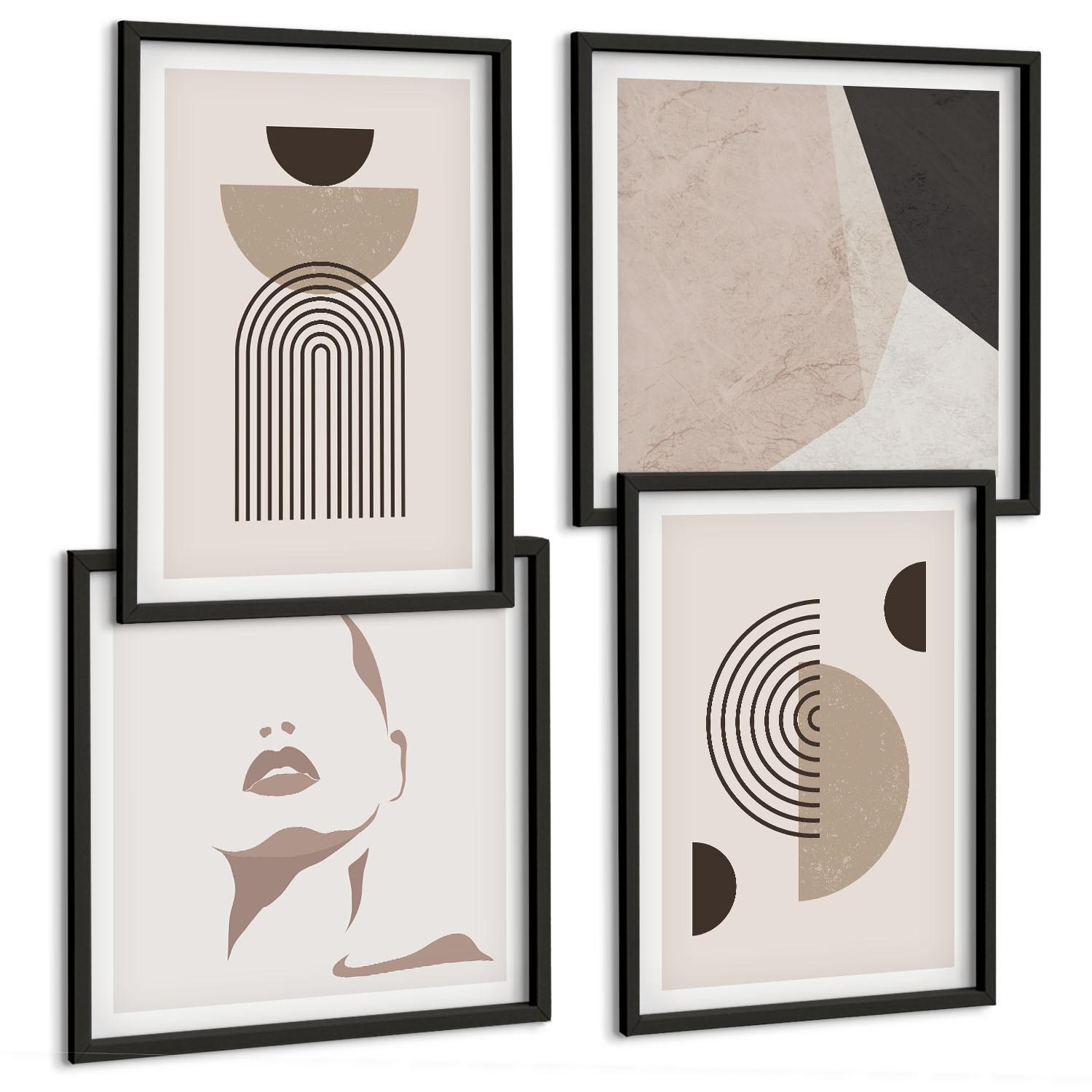 BILDER SET 4er Set - 50x50 cm & 40x60 cm Schwarzer Rahmen - Abstrakte Gesichtsformen - Schwarz, Kunststoff (50/50cm) - TULUP