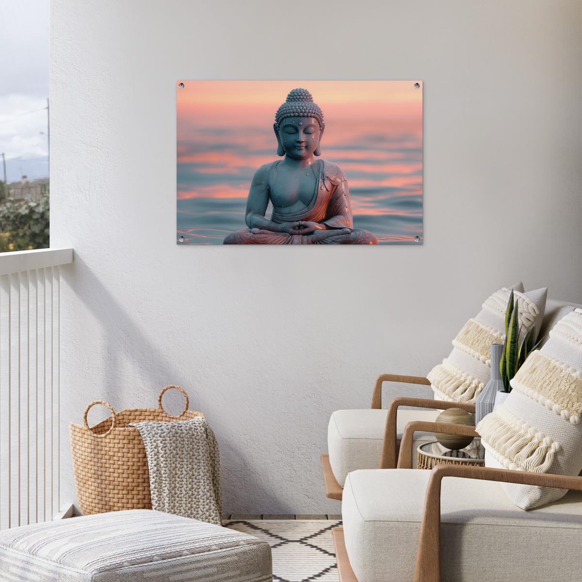GARTENPOSTER Buddha - Statue - Buddha - Wasser - Kunst - Buddha Gartendeko 90x60 cm - Blaugrau, Kunststoff (90/60/0.2cm) - OnlyWow