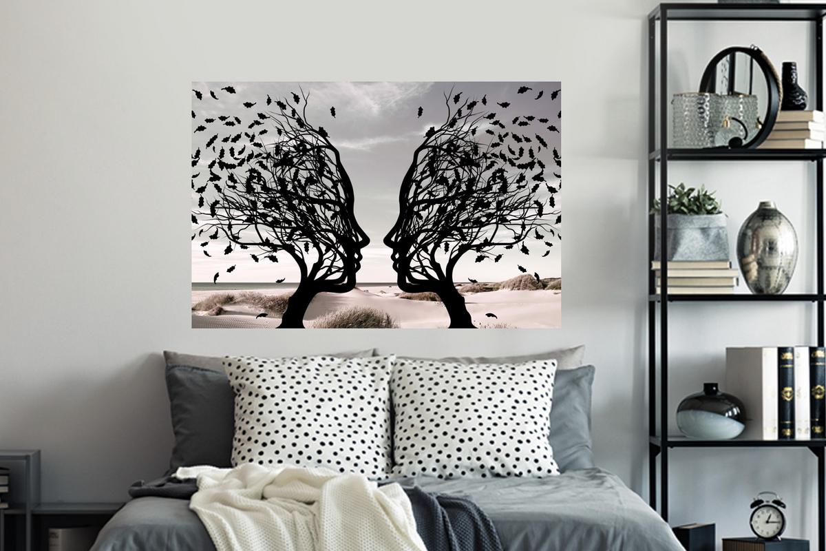 WANDTATTOO Strand - Meer - Menschen - Baum - Moderne Kunst Wandsticker 120x80 cm - Hellgrau, Kunststoff (120/80/0.1cm) - MuchoWow