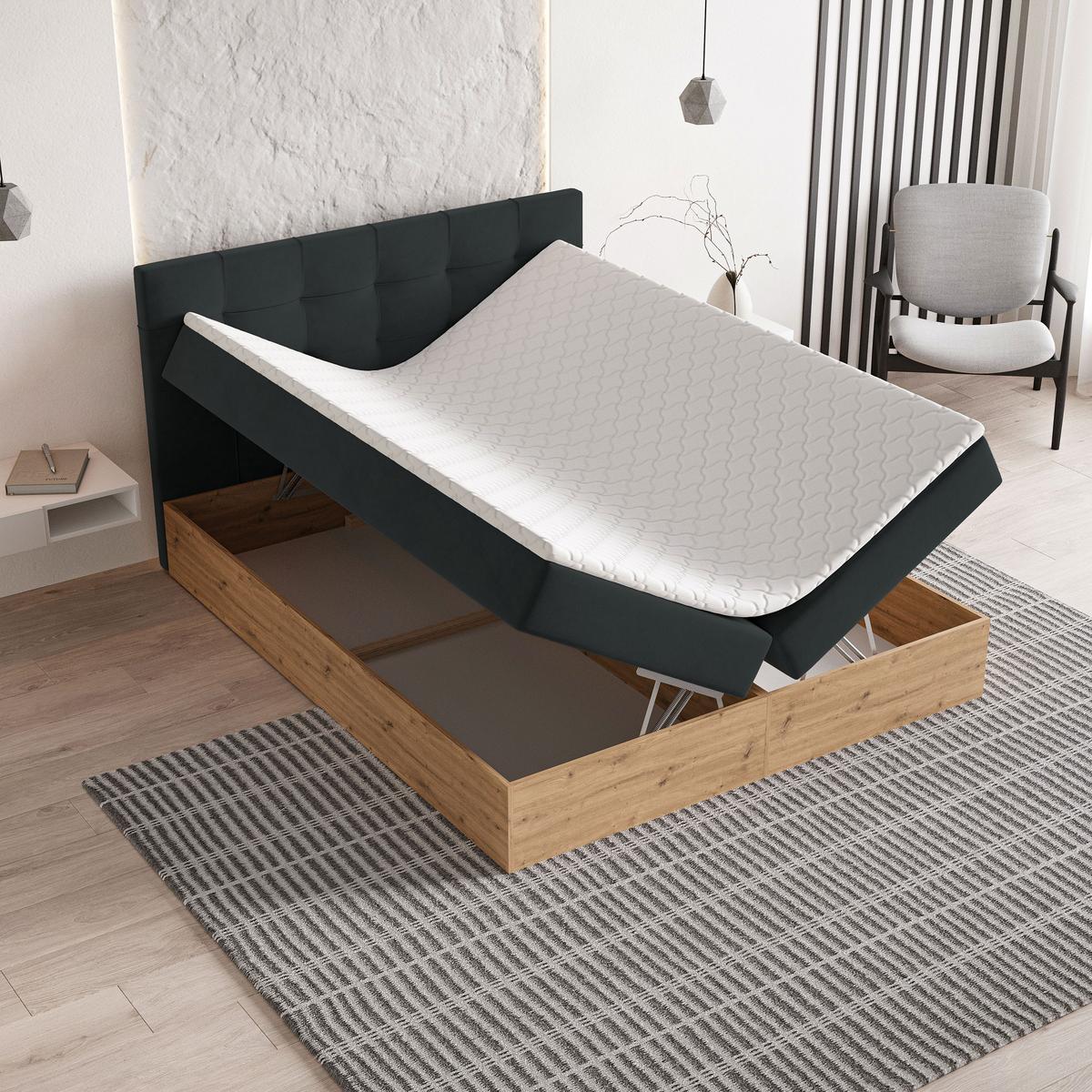 BOXBETT MOLVEN 180x200 cm mit Matratze und Topper - Schwarz - Schwarz, Holz (180/200cm) - MASSENO