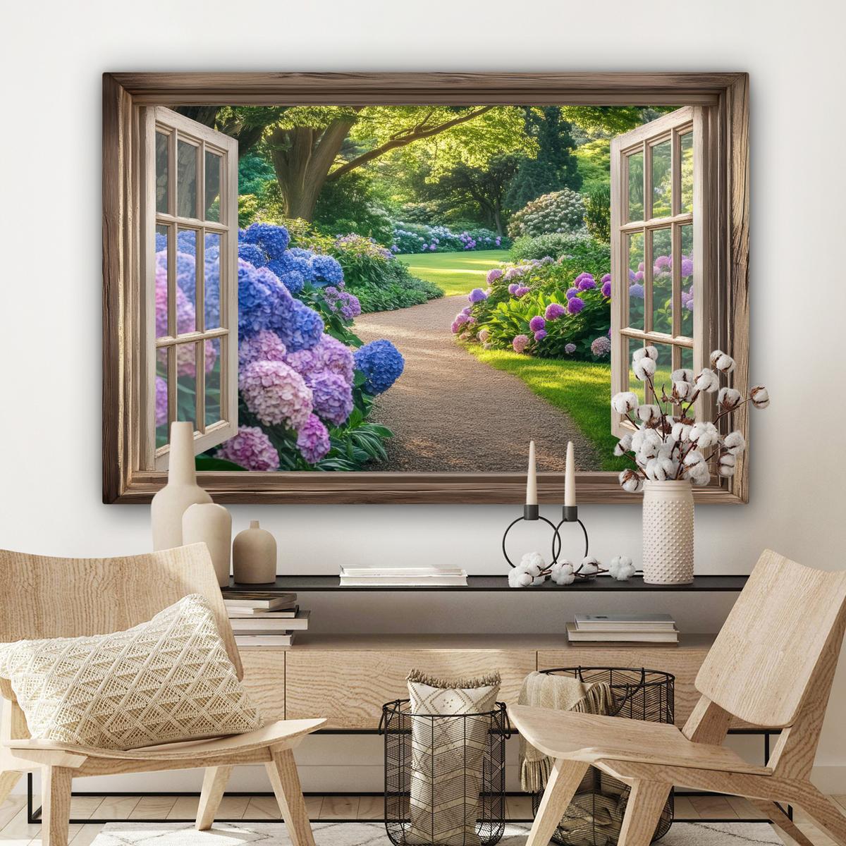LEINWANDBILD Aussicht - Garten - Fenster - Hortensie - Blumen Wohnzimmer Groß 120x80 cm - Pastellblau, Textil (120/80cm) - MuchoWow