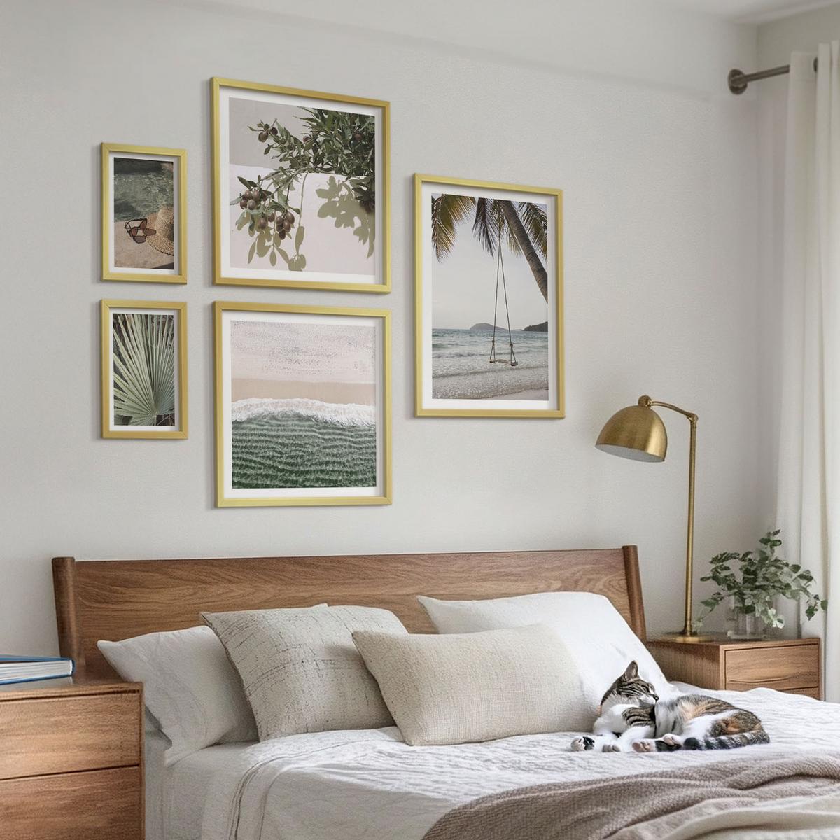 BILDER SET 5er Set - 50x50 cm & 20x30 cm & 40x60 cm Goldrahmen - Strandschaukel-Blätterurlaub - Goldfarben, Kunststoff (40/60cm) - TULUP