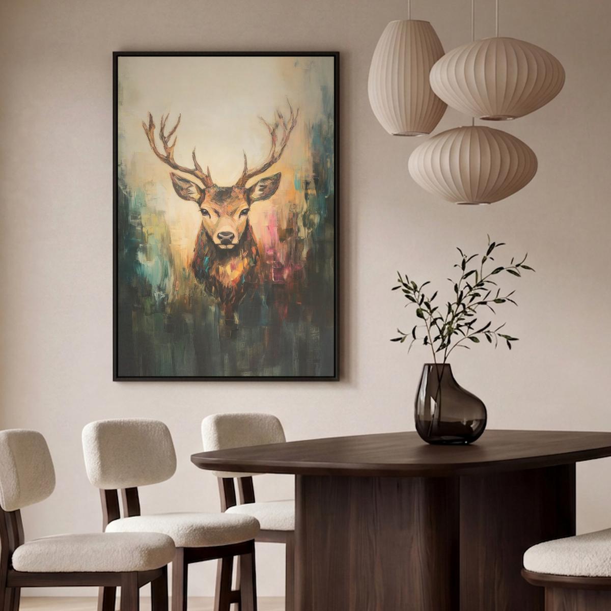 LEINWAND Bilder mit Rahmen - Hirsch - Gemalt - Geweih - Braun - 80x120 - Haselnussfarben, Textil (80/120cm) - MuchoWow