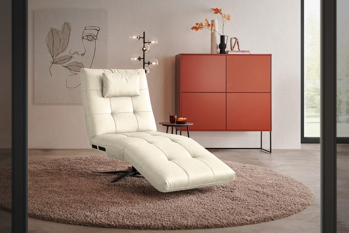 RELAXLIEGE LETICIA Weiß Leder Drehbar (360°), Relaxfunktion - Schwarz/Weiß, Leder/Metall (82/115/156cm) - KAWOLA