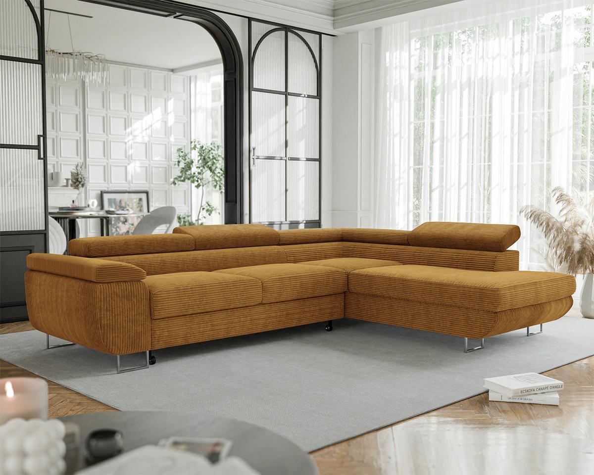 ECKSOFA ANTON rechts, mit Schlaffunktion und Bettkasten Senfgelb - Currygelb/Chromfarben, Textil/Metall (274/203cm) - Idohome